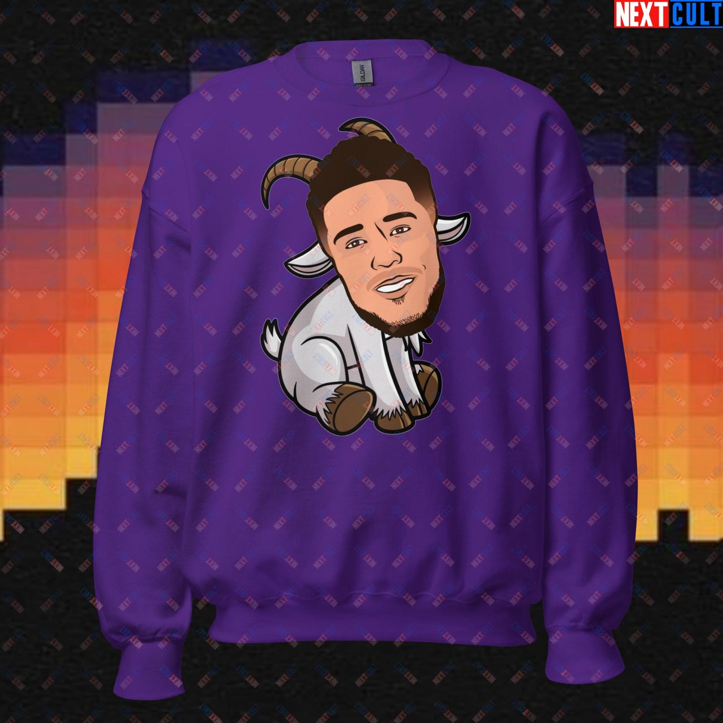 Devin Booker GOAT Sweatshirt - Funny Basketball Meme Jumper - Phoenix Suns Greatest of All Time Pullover for Basketball Fans - Perfect Gift for Devin Booker Fans Unisex Sweatshirt Purple Sweatshirts Basketball Devin Booker G.O.A.T. NBA Phoenix Suns Next Cult Brand