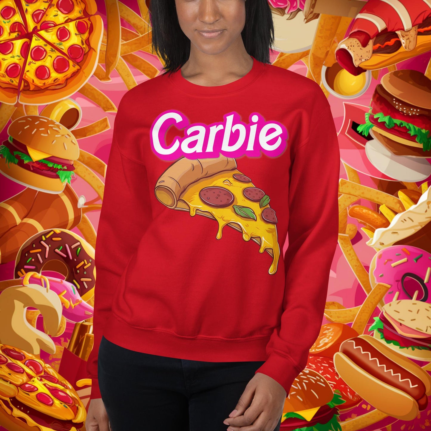 Carbie Barbie I Love Carbs I Love Pizza Unisex Sweatshirt Red Sweatshirts Next Cult Brand