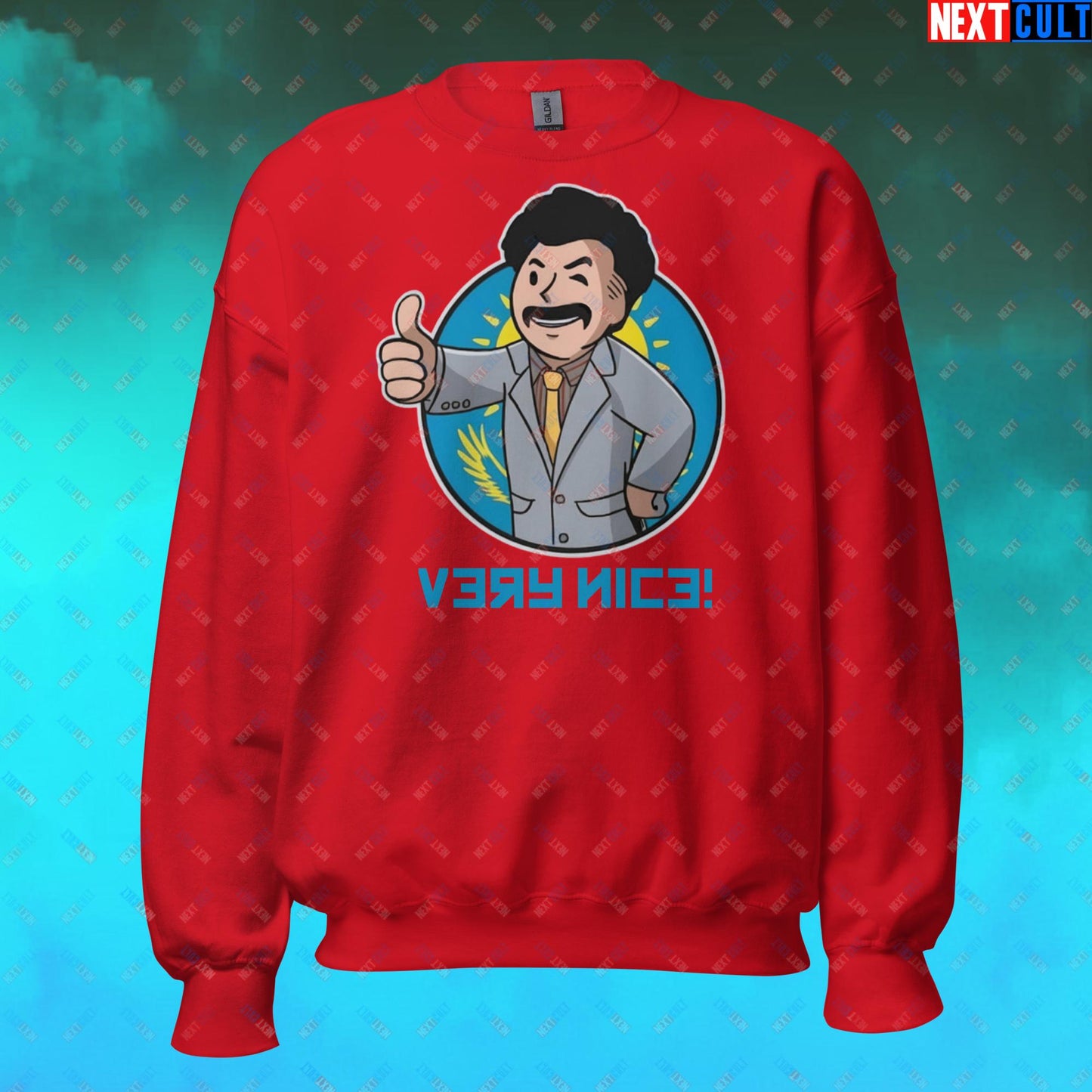 Very Nice Boy Borat Vault Boy Fallout Funny Cartoon Mashup Unisex Sweatshirt Red Sweatshirts Borat Fallout Movies Vault Boy Next Cult Brand