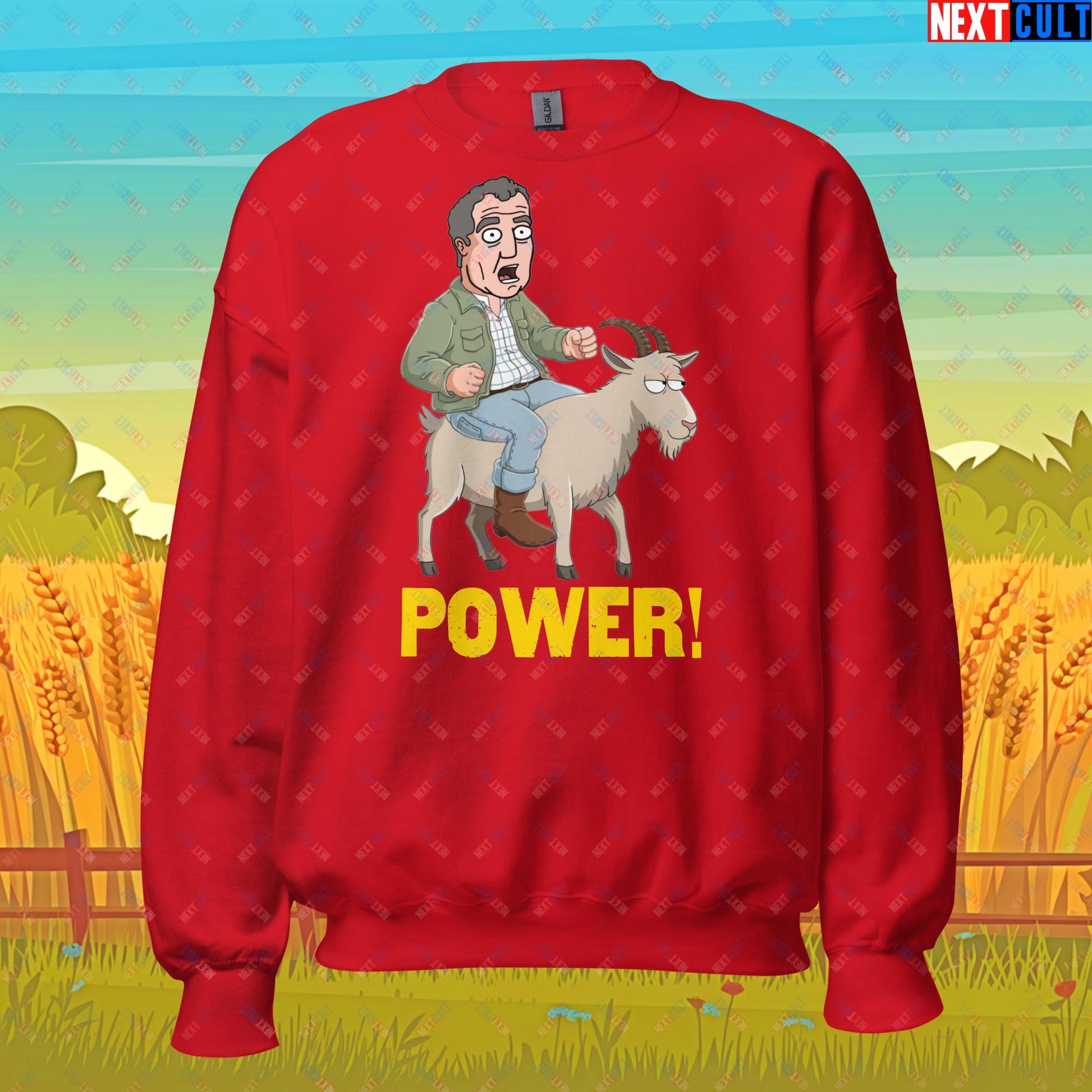 Speed and Power Goat Jeremy Clarkson's Farm Diddly Squat Grand Tour Top Gear Funny Meme Cartoon Unisex Sweatshirt Red Sweatshirts Clarkson's Farm Grand Tour Jeremy Clarkson Top Gear TV Shows Next Cult Brand