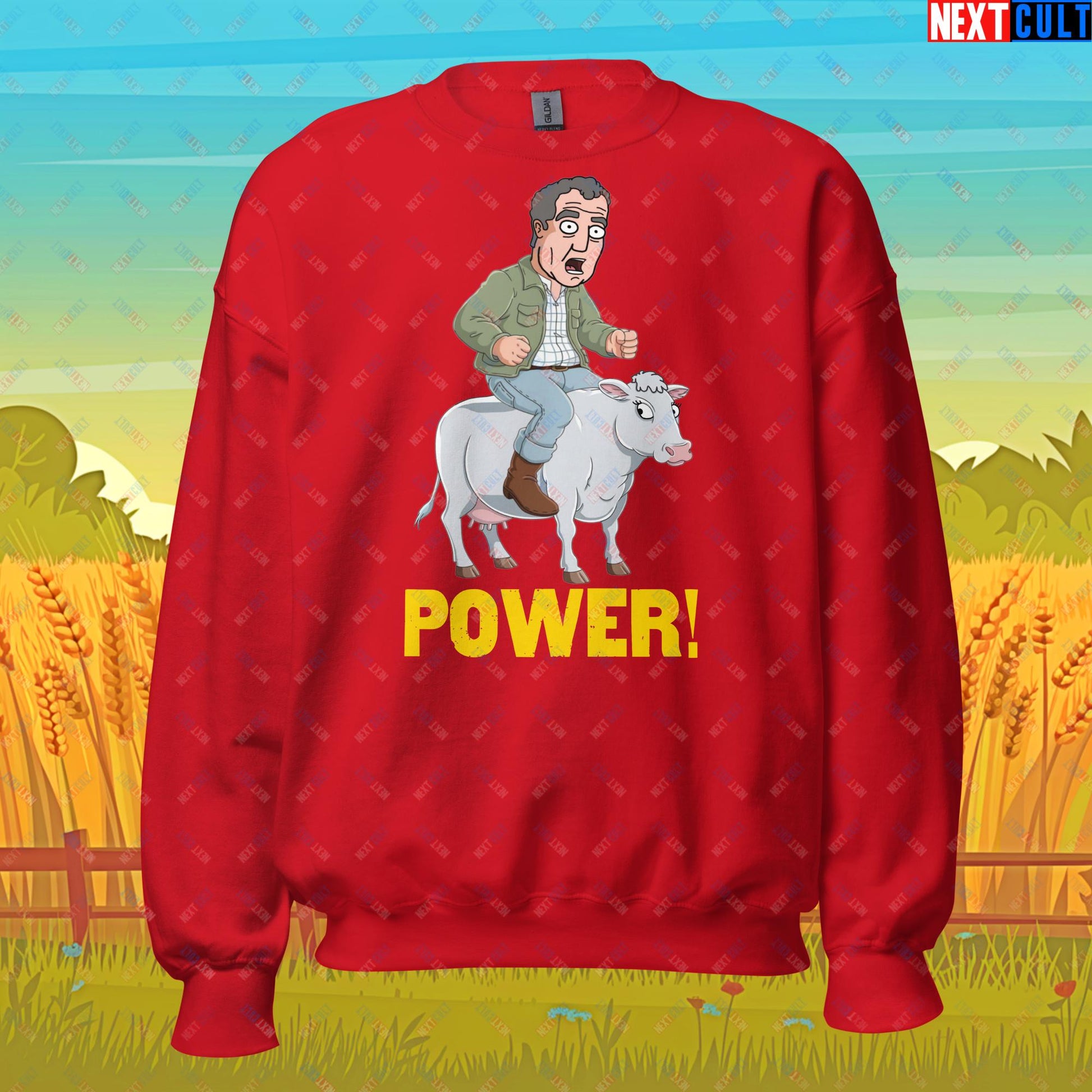 Speed and Power Pepper Cow Jeremy Clarkson's Farm Diddly Squat Grand Tour Top Gear Funny Meme Cartoon Unisex Sweatshirt Red Sweatshirts Clarkson's Farm Grand Tour Jeremy Clarkson Top Gear TV Shows Next Cult Brand