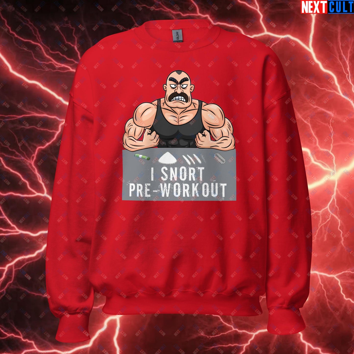 I Snort Pre-workout Gym Bro Fitness Bodybuilding Workout Weightlifting Powerlifting Funny Meme Cartoon Unisex Sweatshirt Red Sweatshirts Fitness Gym Workout Next Cult Brand