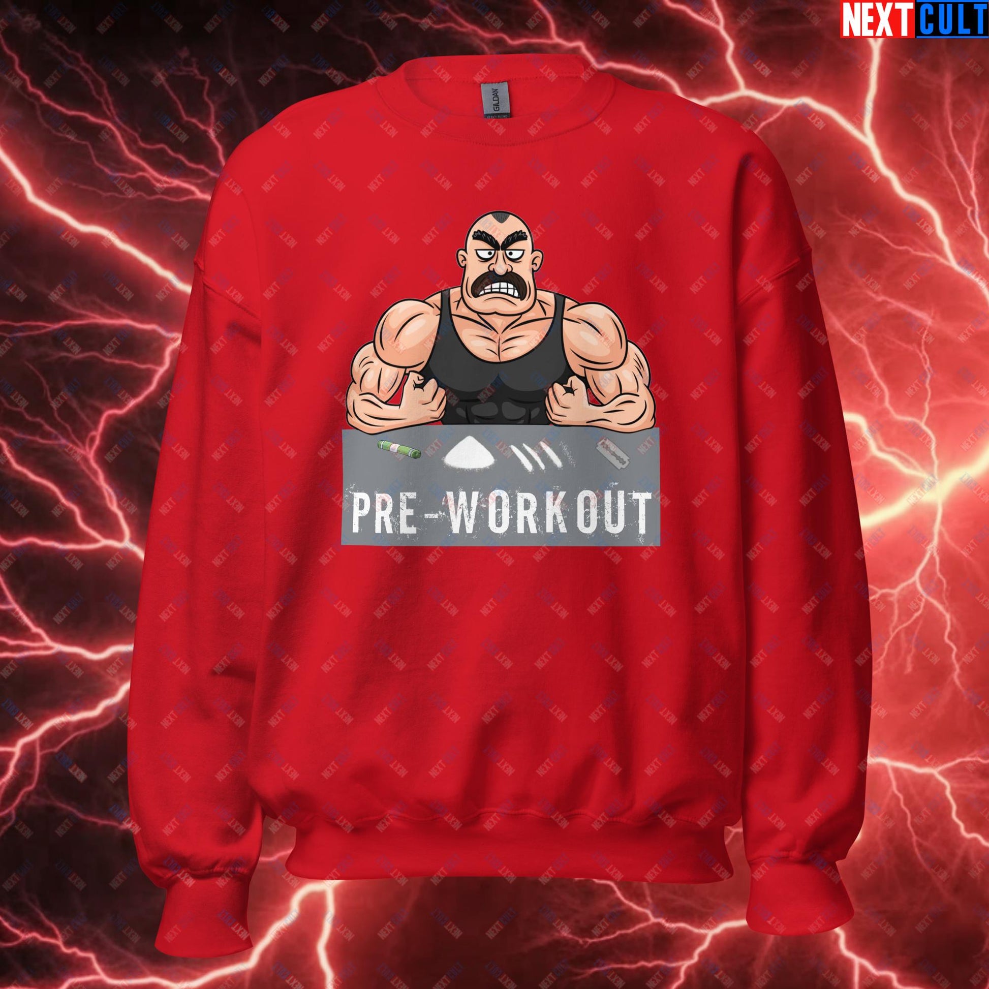 I Love Pre-workout Gym Bro Fitness Bodybuilding Workout Weightlifting Powerlifting Funny Meme Cartoon Unisex Sweatshirt Red Sweatshirts Fitness Gym Workout Next Cult Brand