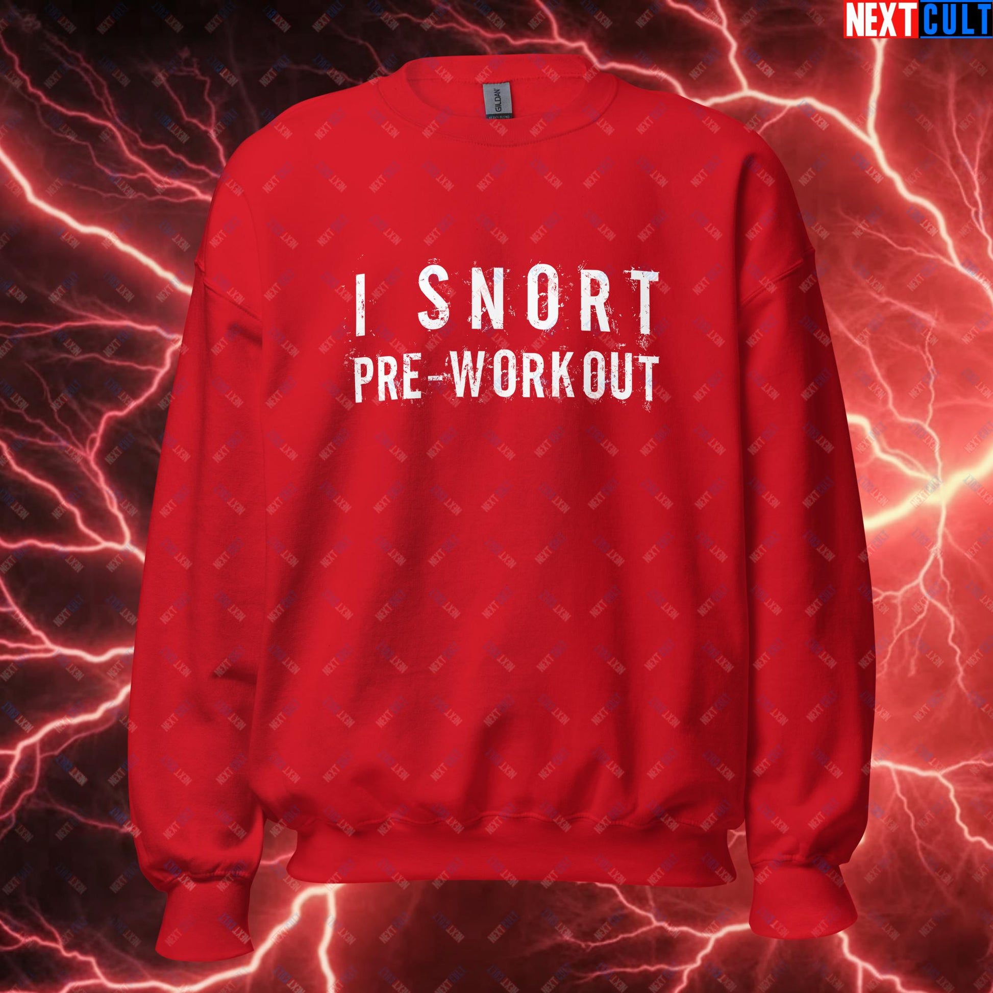 I Snort Pre-workout Gym Bro Fitness Bodybuilding Workout Weightlifting Powerlifting Funny Meme Unisex Sweatshirt Red Sweatshirts Fitness Gym Workout Next Cult Brand