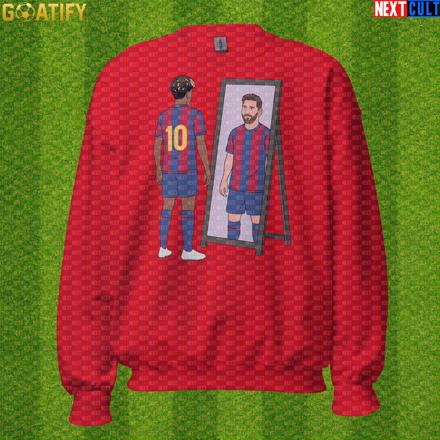 Lamine Yamal Sweatshirt – Next Messi Mirror Meme Crewneck for Spain Soccer Supporters Red Next Cult Brand