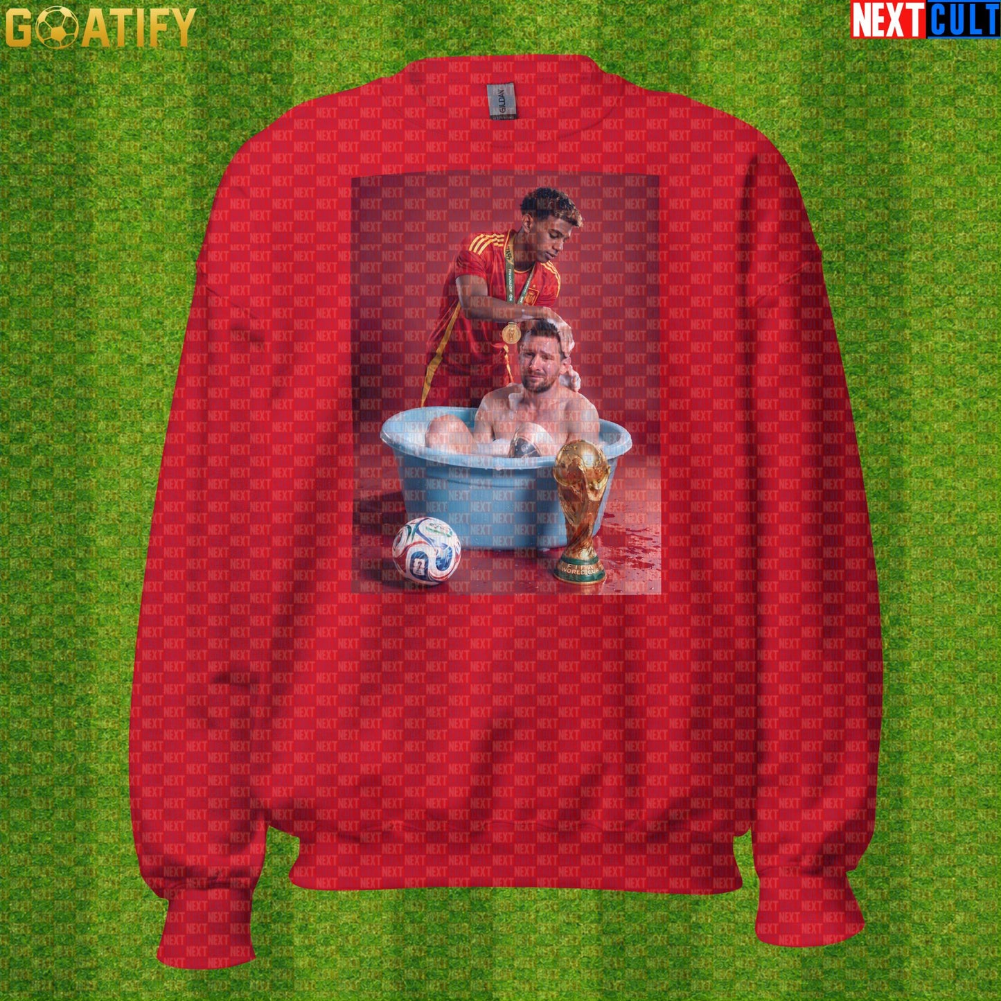 Lamine Yamal Sweatshirt – Reversed Messi Bath Meme Crewneck for Spain Football Fans |  | ["Argentina", "Barcelona", "Football", "Lamine Yamal", "Lionel Messi", "Soccer", "Spain"]