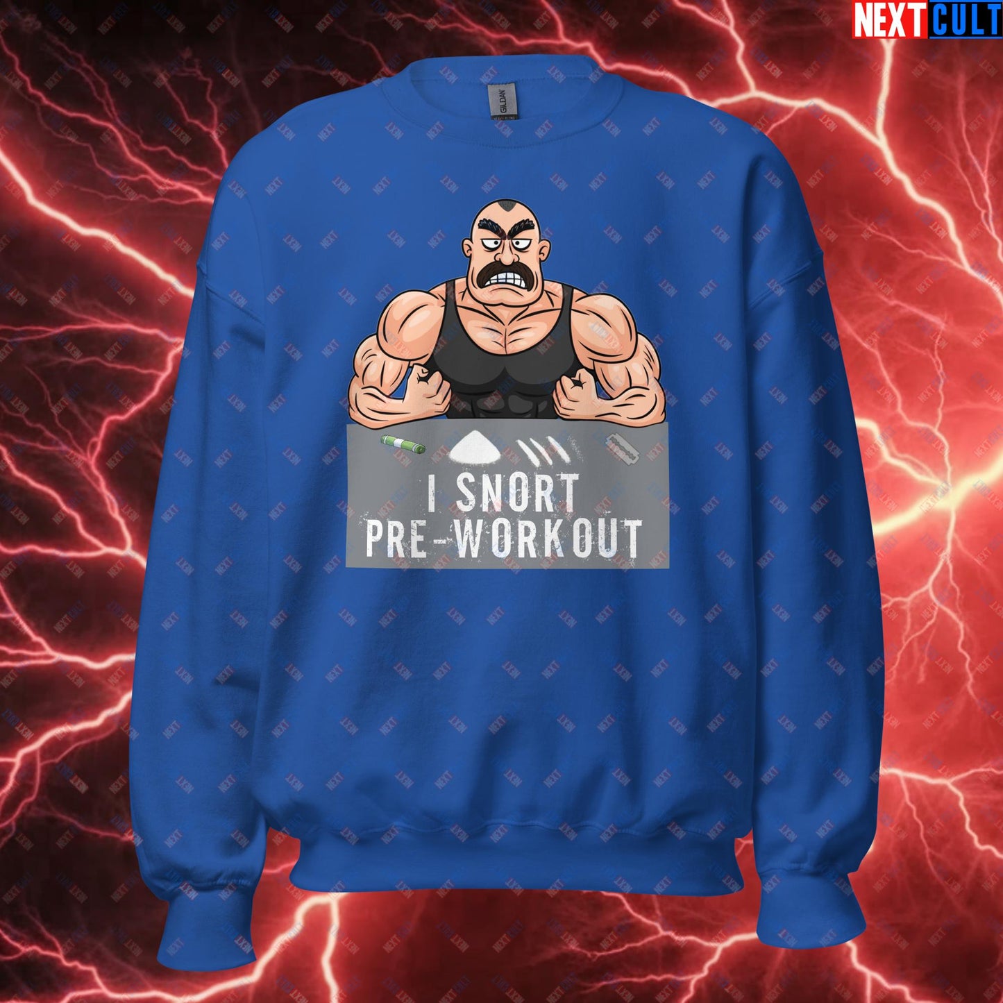 I Snort Pre-workout Gym Bro Fitness Bodybuilding Workout Weightlifting Powerlifting Funny Meme Cartoon Unisex Sweatshirt Royal Sweatshirts Fitness Gym Workout Next Cult Brand