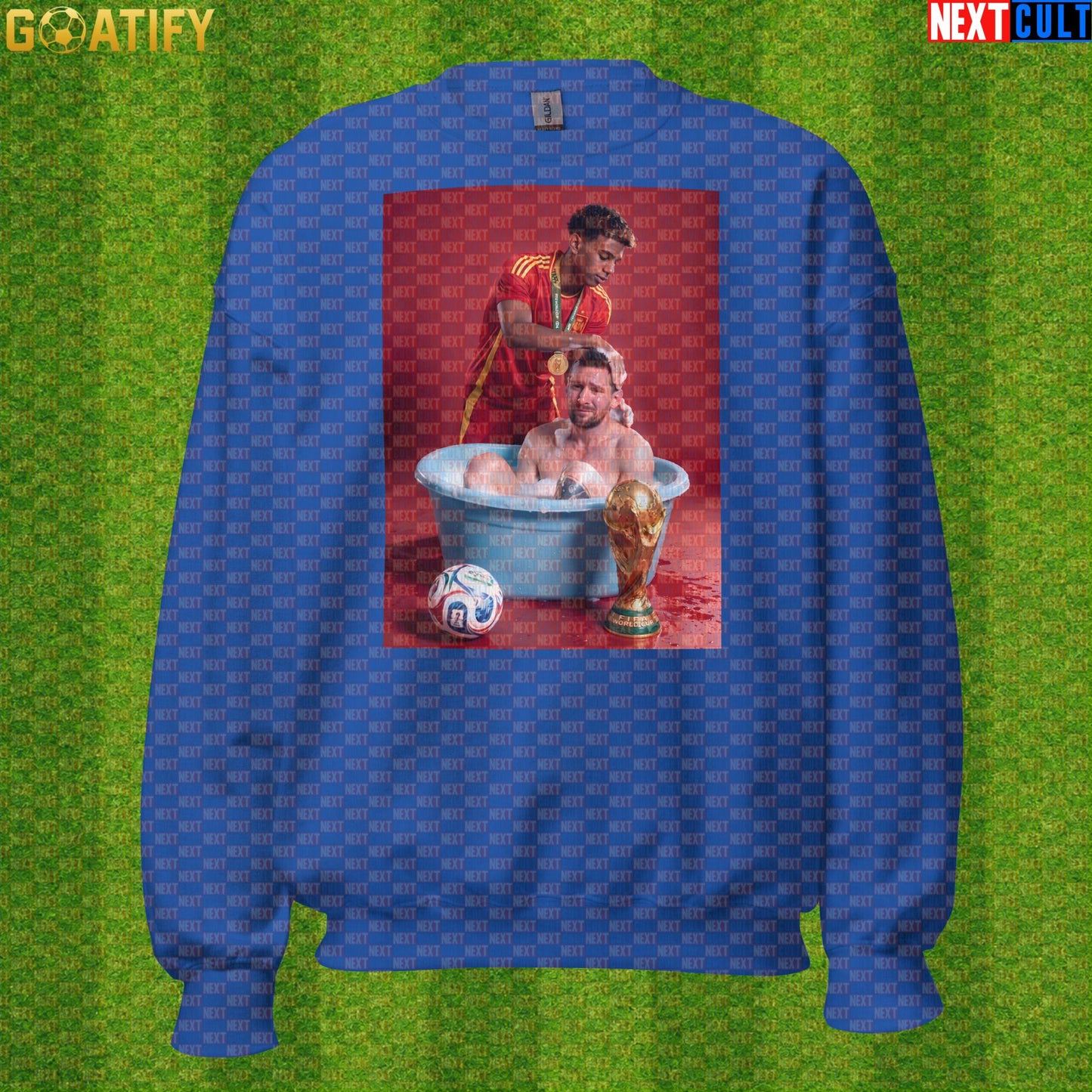 Lamine Yamal Sweatshirt – Reversed Messi Bath Meme Crewneck for Spain Football Fans |  | ["Argentina", "Barcelona", "Football", "Lamine Yamal", "Lionel Messi", "Soccer", "Spain"]