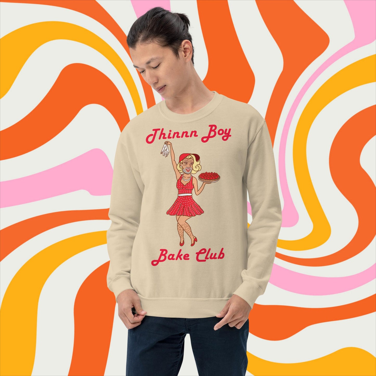 Thinnn Boy Bake Club The Fighter and The Kid TFATK Podcast Comedy 60s retro housewife Bryan Callen Unisex Sweatshirt Sand Sweatshirts Bryan Callen Podcasts Stand-up Comedy The Fighter and The Kid (TFATK) Thinnn Boy Bake Club Next Cult Brand