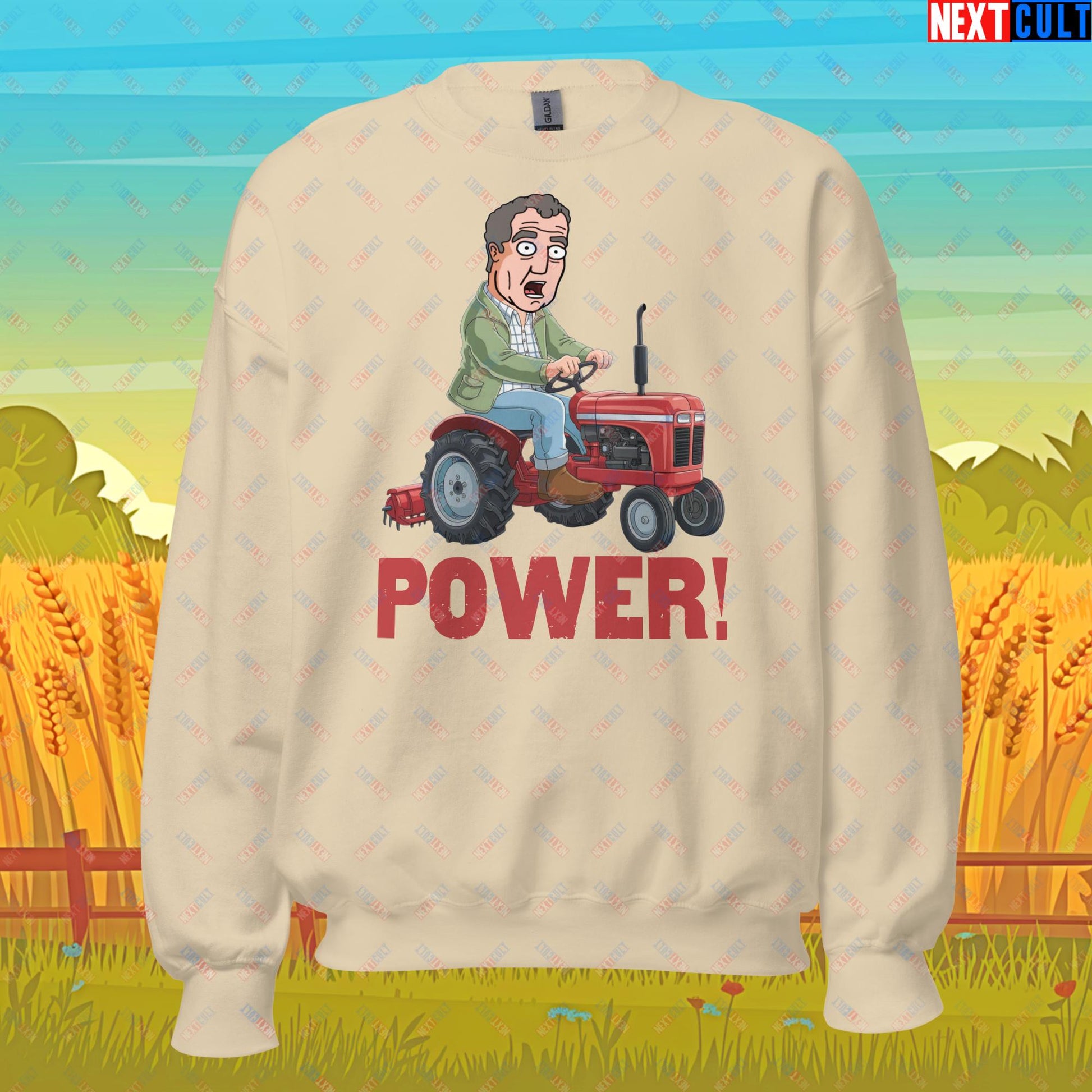 Speed and Power Tractor Jeremy Clarkson's Farm Diddly Squat Grand Tour Top Gear Funny Meme Cartoon Unisex Sweatshirt Sand Sweatshirts Clarkson's Farm Grand Tour Jeremy Clarkson Top Gear TV Shows Next Cult Brand