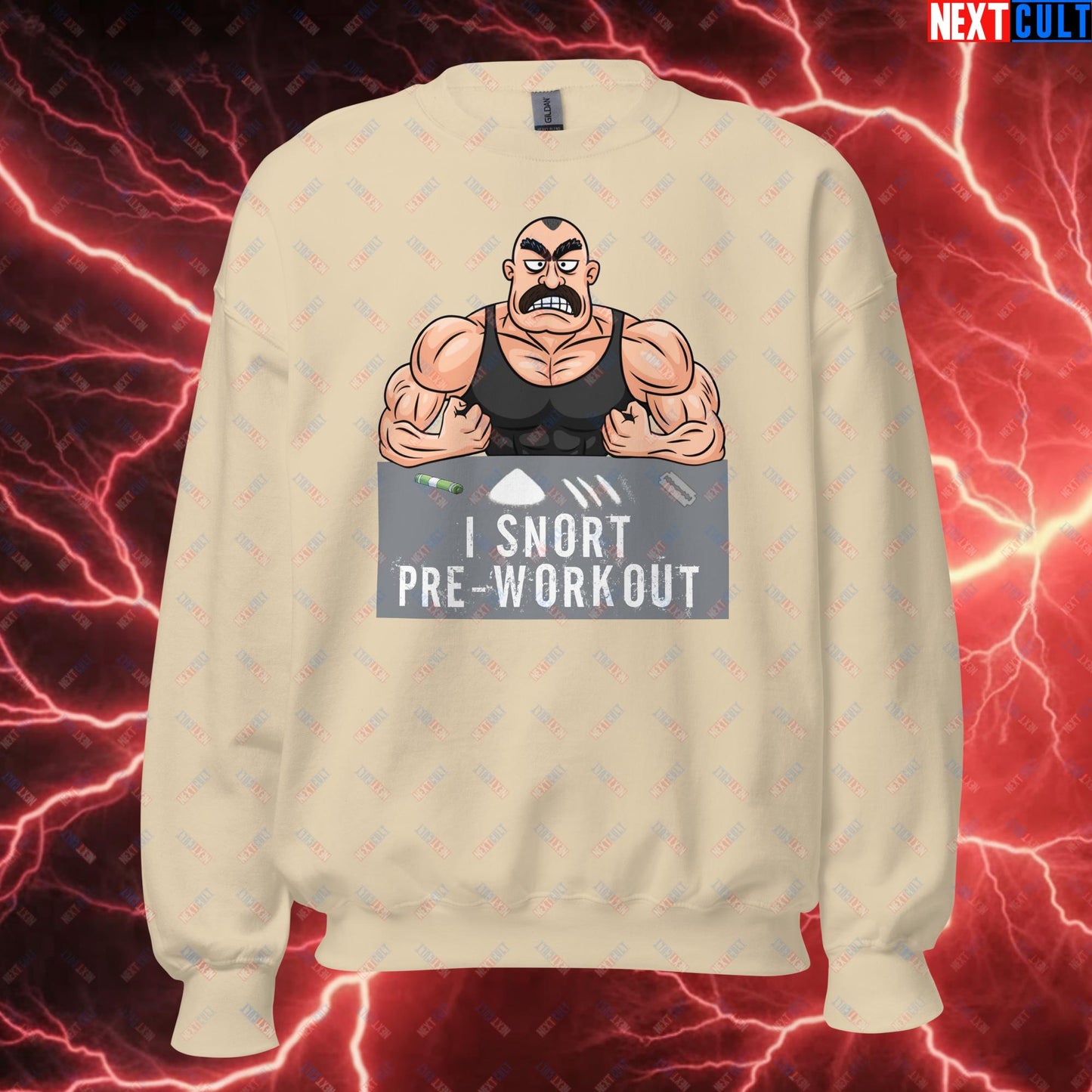 I Snort Pre-workout Gym Bro Fitness Bodybuilding Workout Weightlifting Powerlifting Funny Meme Cartoon Unisex Sweatshirt Sand Sweatshirts Fitness Gym Workout Next Cult Brand