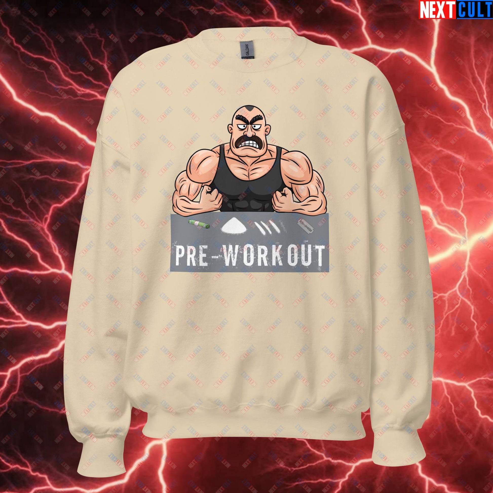 I Love Pre-workout Gym Bro Fitness Bodybuilding Workout Weightlifting Powerlifting Funny Meme Cartoon Unisex Sweatshirt Sand Sweatshirts Fitness Gym Workout Next Cult Brand