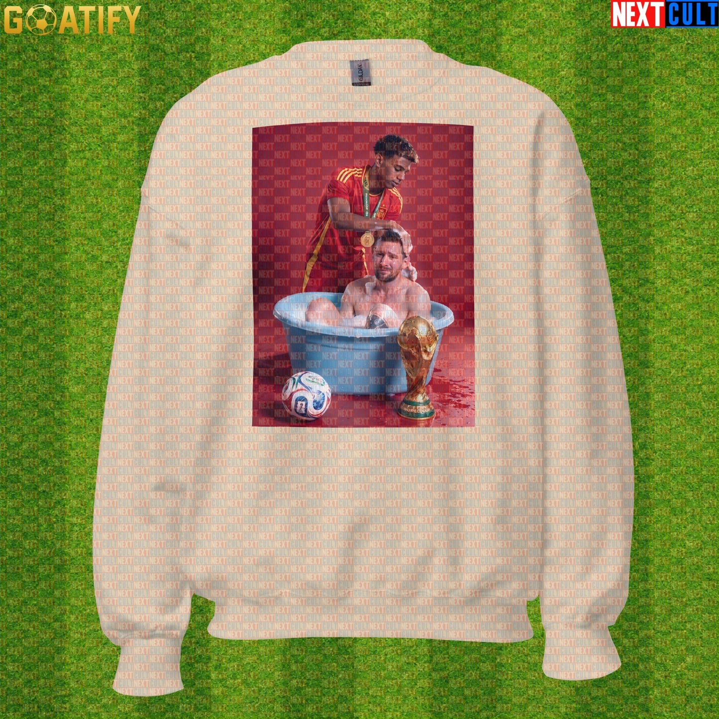 Lamine Yamal Sweatshirt – Reversed Messi Bath Meme Crewneck for Spain Football Fans |  | ["Argentina", "Barcelona", "Football", "Lamine Yamal", "Lionel Messi", "Soccer", "Spain"]