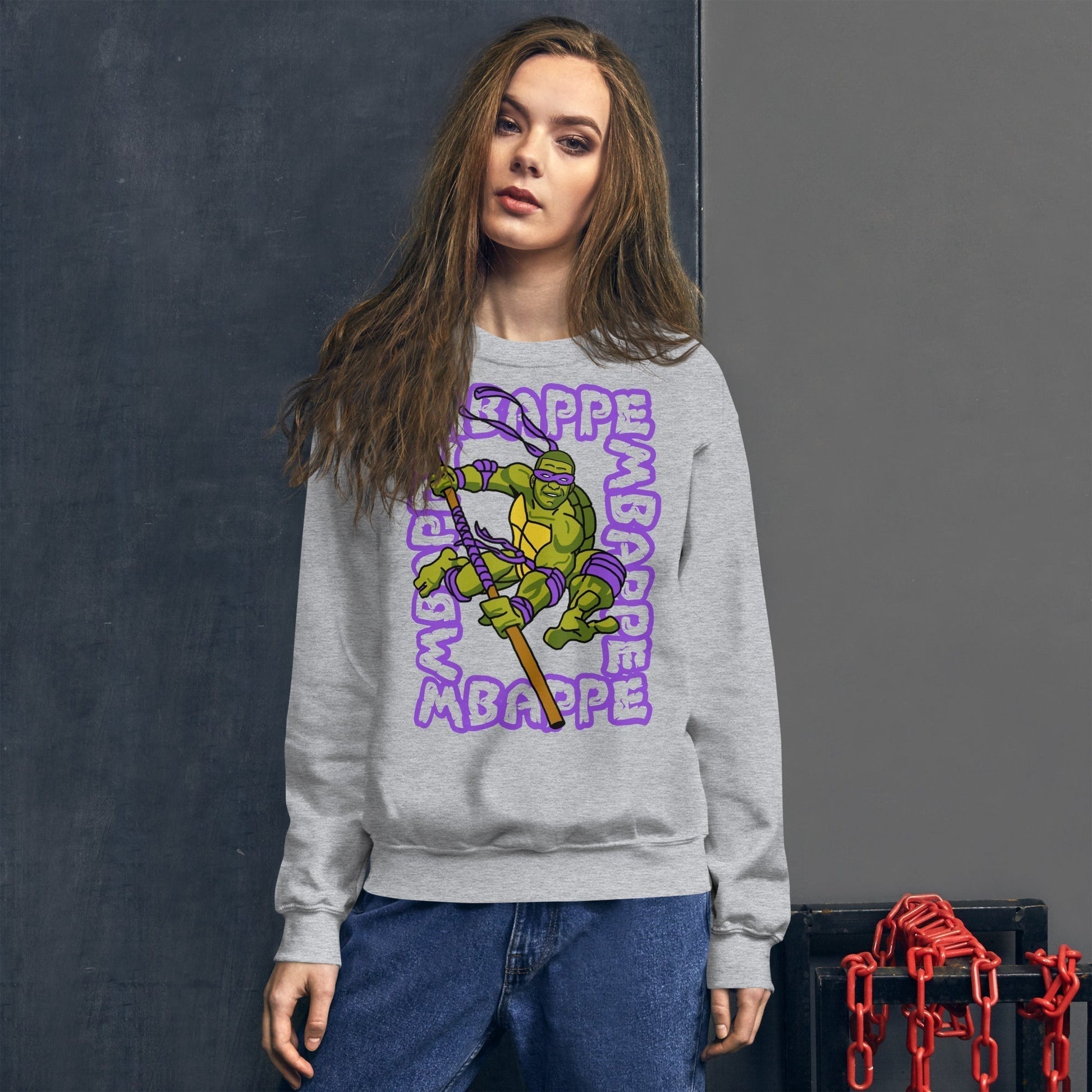 Kylian Mbappe Purple Ninja Turtle Donatello Unisex Sweatshirt Next Cult Brand Donatello, Football, Kylian Mbappe, Ninja Turtles, PSG