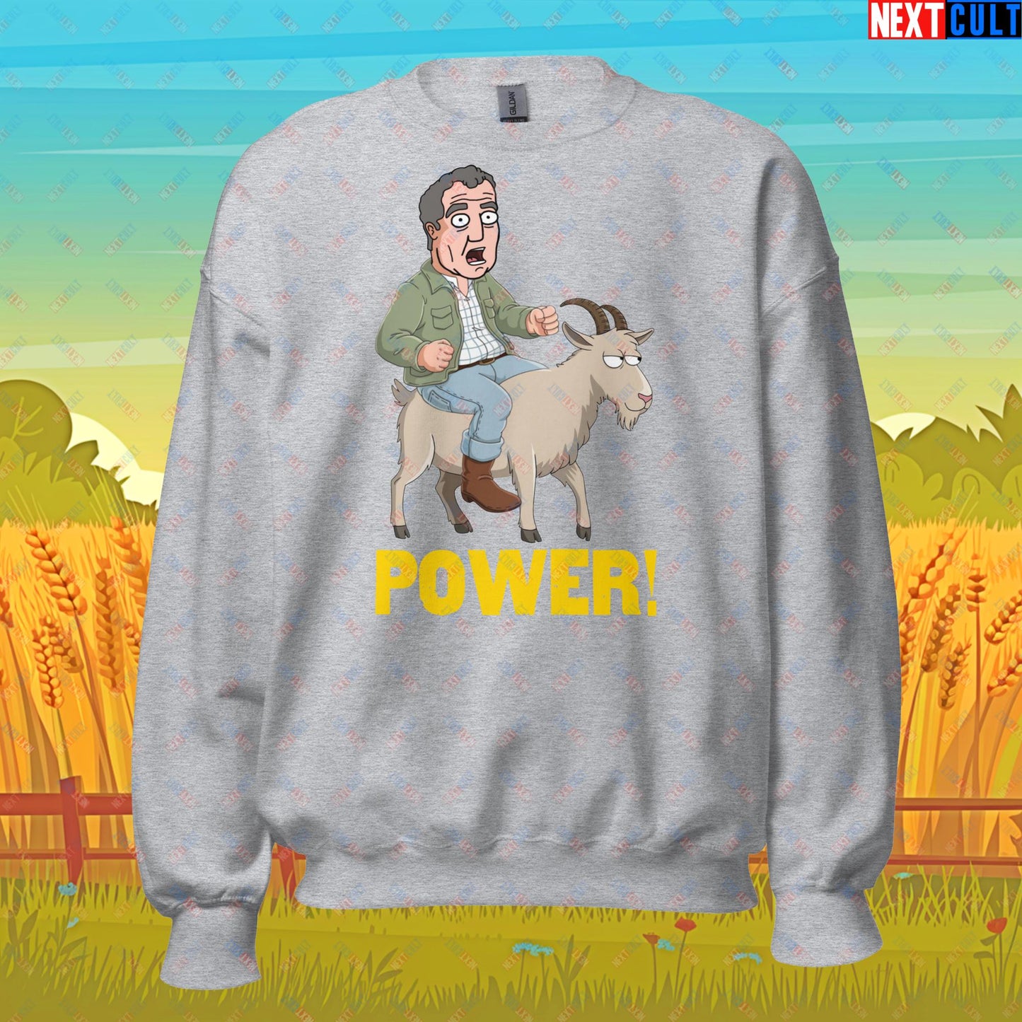 Speed and Power Goat Jeremy Clarkson's Farm Diddly Squat Grand Tour Top Gear Funny Meme Cartoon Unisex Sweatshirt Sport Grey Sweatshirts Clarkson's Farm Grand Tour Jeremy Clarkson Top Gear TV Shows Next Cult Brand