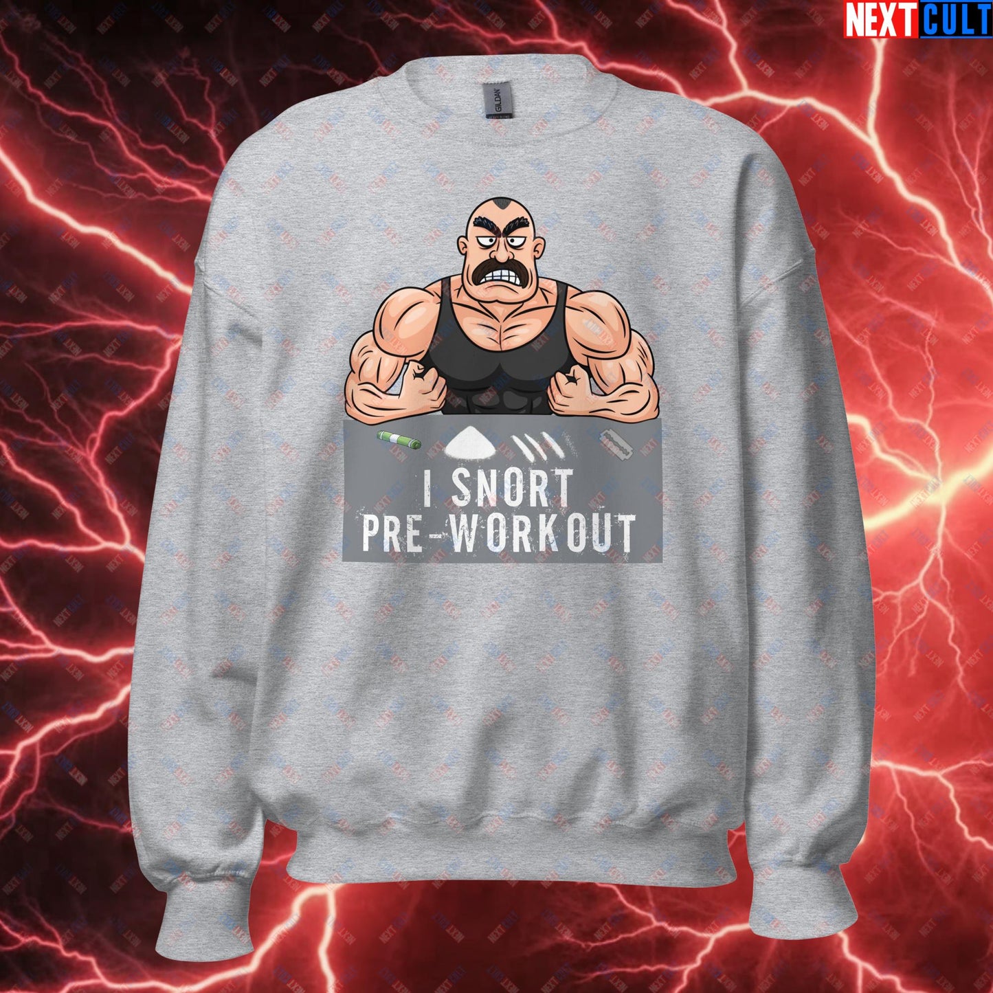 I Snort Pre-workout Gym Bro Fitness Bodybuilding Workout Weightlifting Powerlifting Funny Meme Cartoon Unisex Sweatshirt Sport Grey Sweatshirts Fitness Gym Workout Next Cult Brand