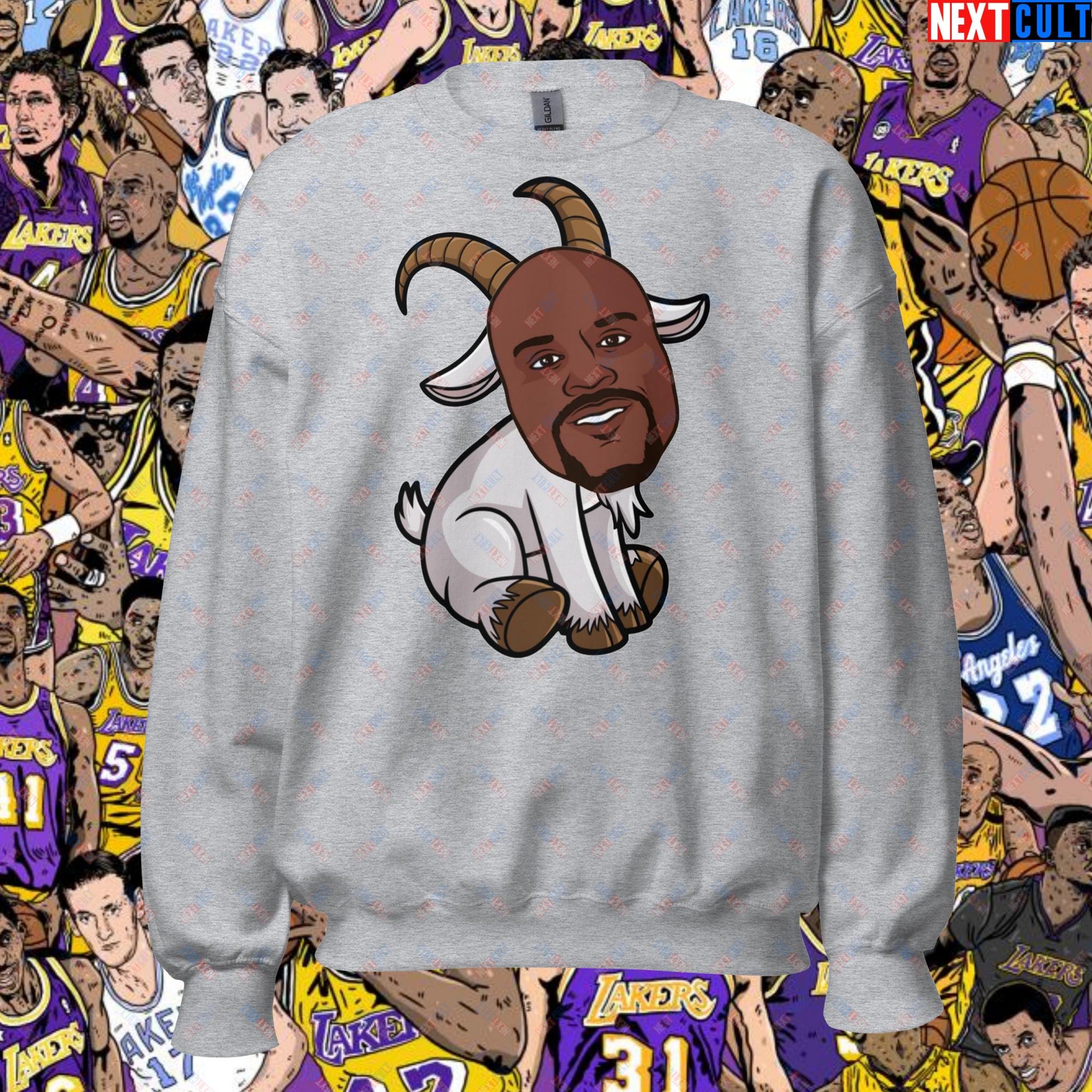 Shaquille O’Neal GOAT Sweatshirt - Shaq Basketball Meme Jumper - Greatest of All Time NBA Funny Cartoon Pullover for Basketball Fans - Perfect Gift for Shaq Lovers Unisex Sweatshirt Sport Grey Sweatshirts Basketball G.O.A.T. Los Angeles Lakers NBA Orlando Magic Shaq Next Cult Brand