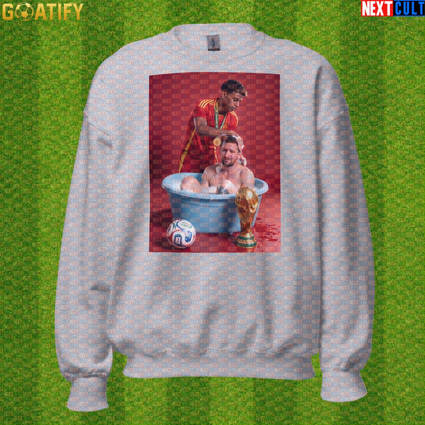 Lamine Yamal Sweatshirt – Reversed Messi Bath Meme Crewneck for Spain Football Fans |  | ["Argentina", "Barcelona", "Football", "Lamine Yamal", "Lionel Messi", "Soccer", "Spain"]