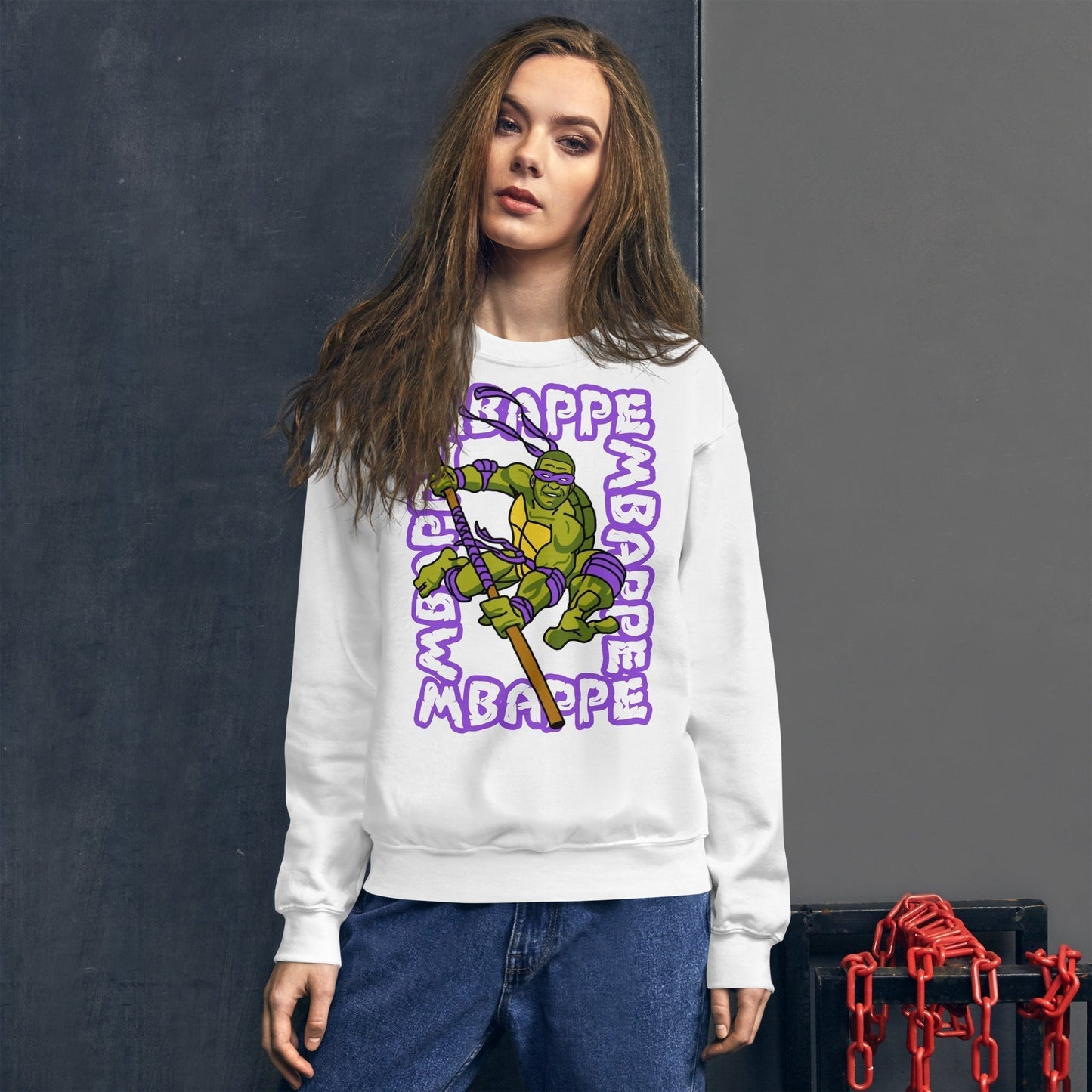 Kylian Mbappe Purple Ninja Turtle Donatello Unisex Sweatshirt White Sweatshirts Football Kylian Mbappe Ninja Turtles PSG Real Madrid Next Cult Brand