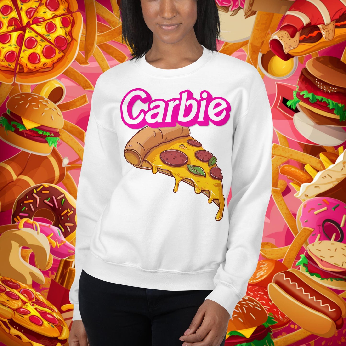 Carbie Barbie I Love Carbs I Love Pizza Unisex Sweatshirt White Sweatshirts Next Cult Brand