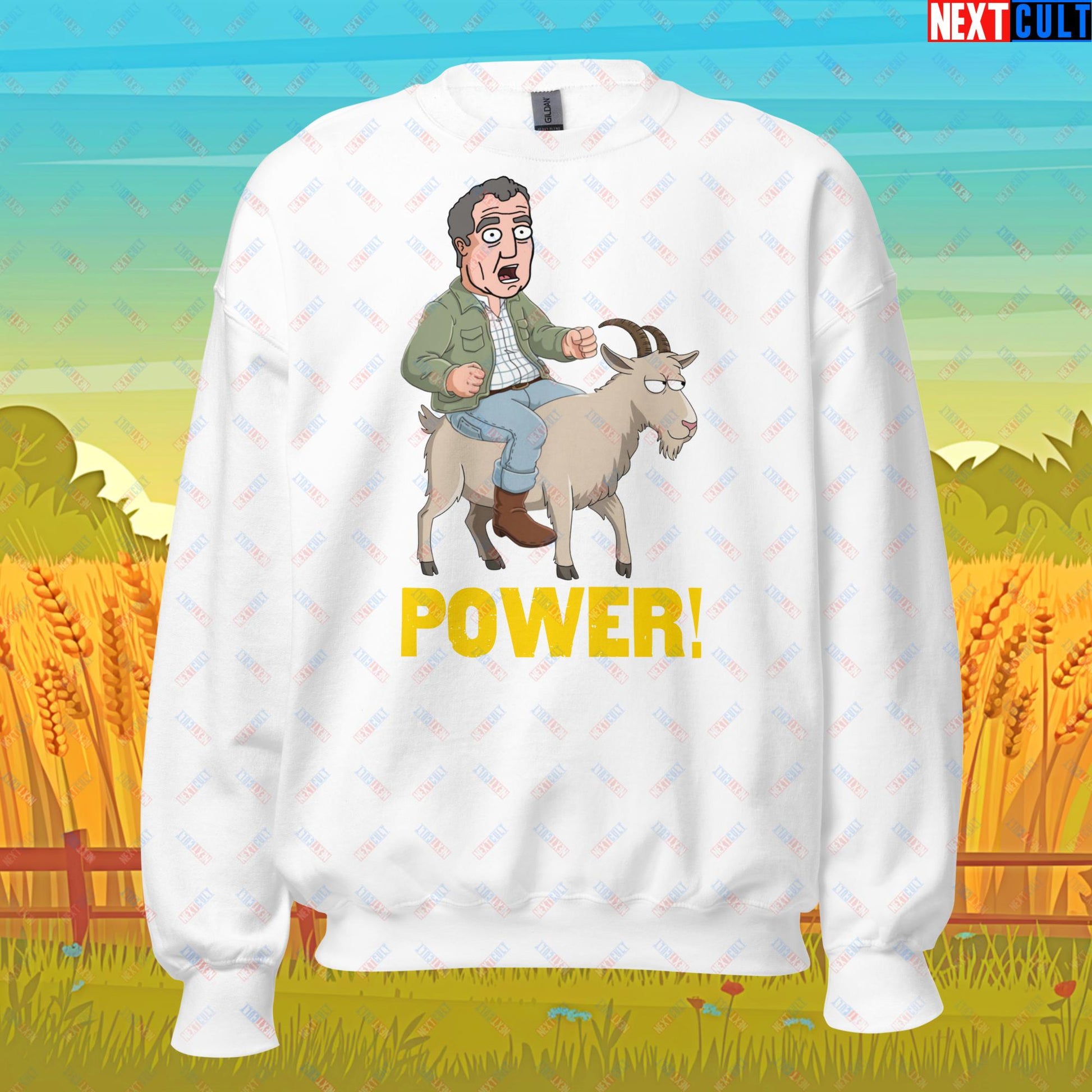 Speed and Power Goat Jeremy Clarkson's Farm Diddly Squat Grand Tour Top Gear Funny Meme Cartoon Unisex Sweatshirt White Sweatshirts Clarkson's Farm Grand Tour Jeremy Clarkson Top Gear TV Shows Next Cult Brand