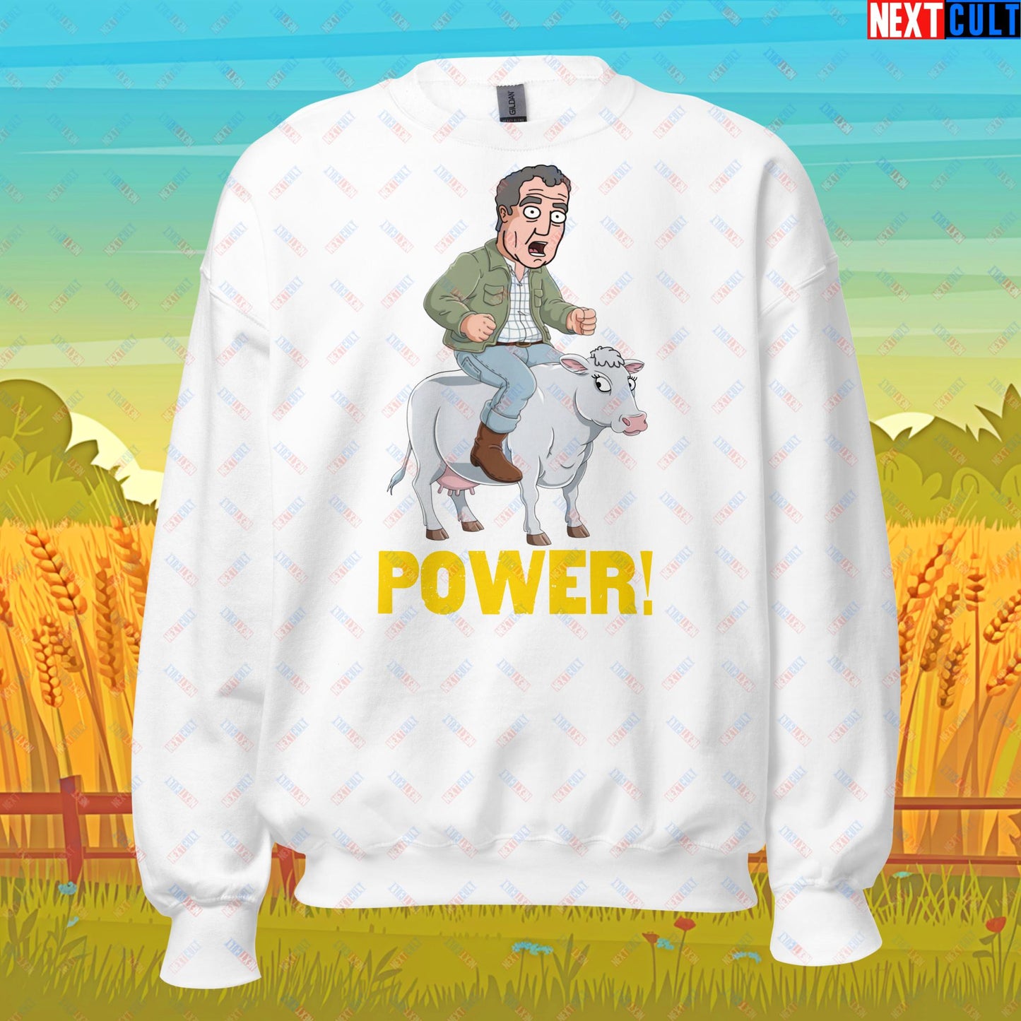 Speed and Power Pepper Cow Jeremy Clarkson's Farm Diddly Squat Grand Tour Top Gear Funny Meme Cartoon Unisex Sweatshirt White Sweatshirts Clarkson's Farm Grand Tour Jeremy Clarkson Top Gear TV Shows Next Cult Brand