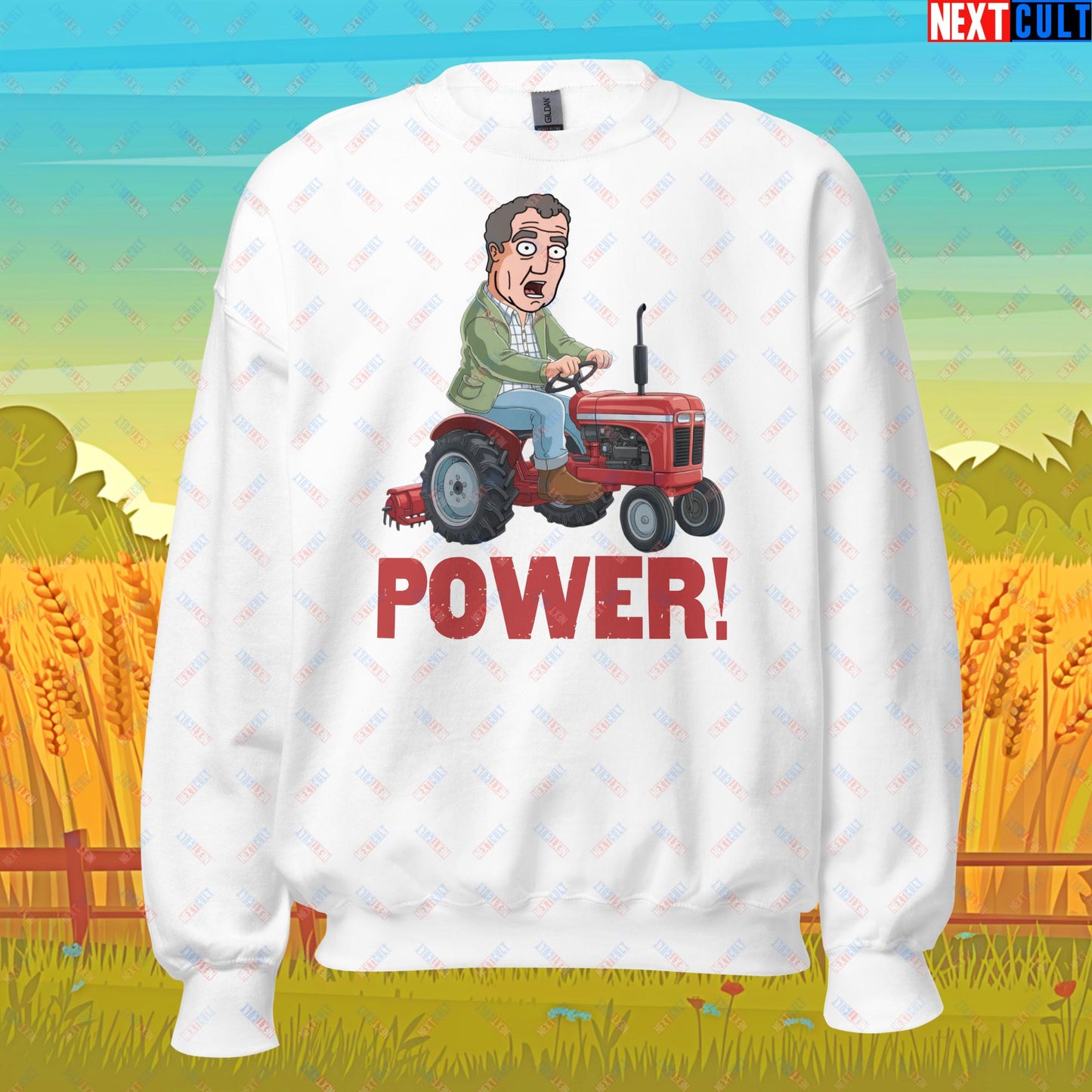 Speed and Power Tractor Jeremy Clarkson's Farm Diddly Squat Grand Tour Top Gear Funny Meme Cartoon Unisex Sweatshirt White Sweatshirts Clarkson's Farm Grand Tour Jeremy Clarkson Top Gear TV Shows Next Cult Brand