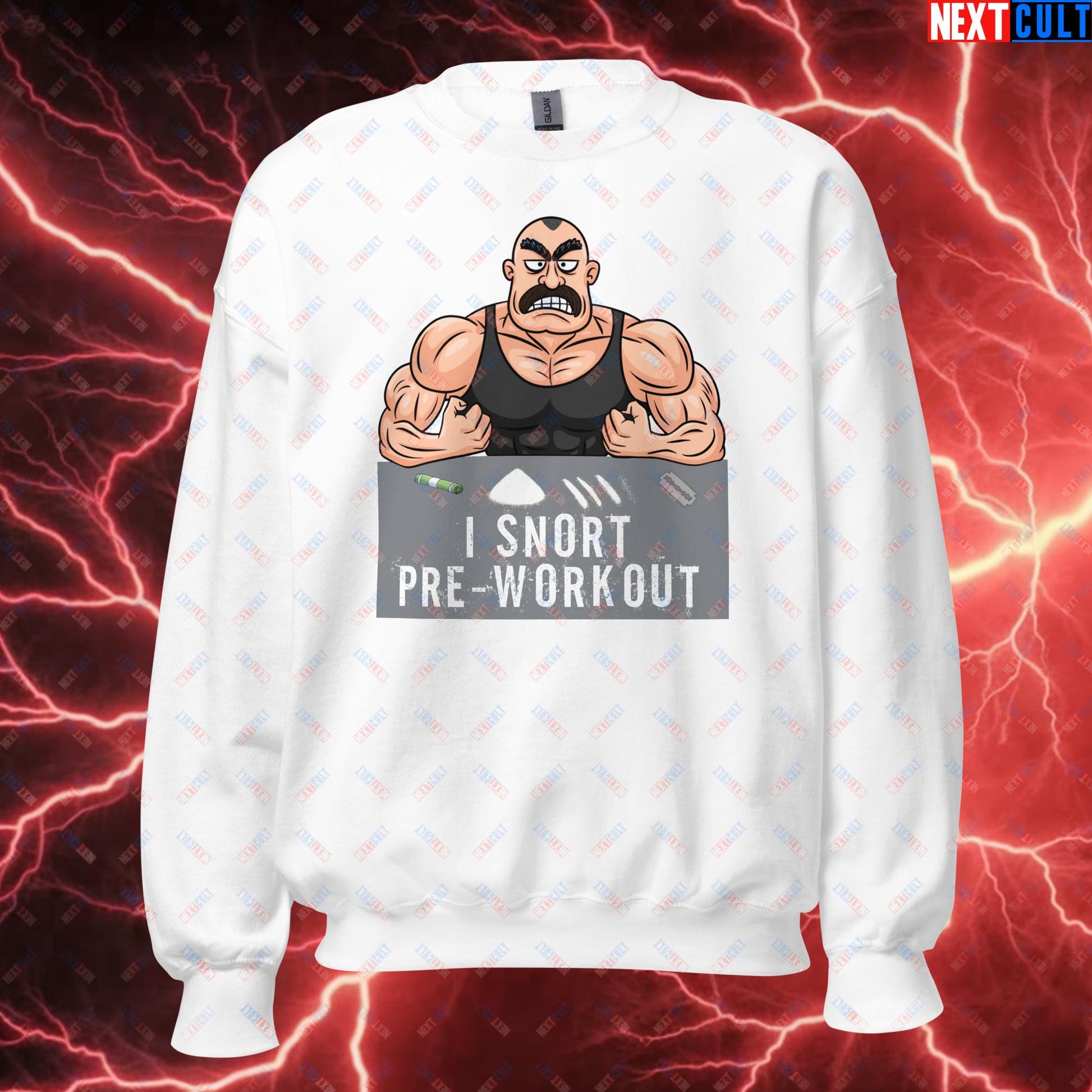 I Snort Pre-workout Gym Bro Fitness Bodybuilding Workout Weightlifting Powerlifting Funny Meme Cartoon Unisex Sweatshirt White Sweatshirts Fitness Gym Workout Next Cult Brand