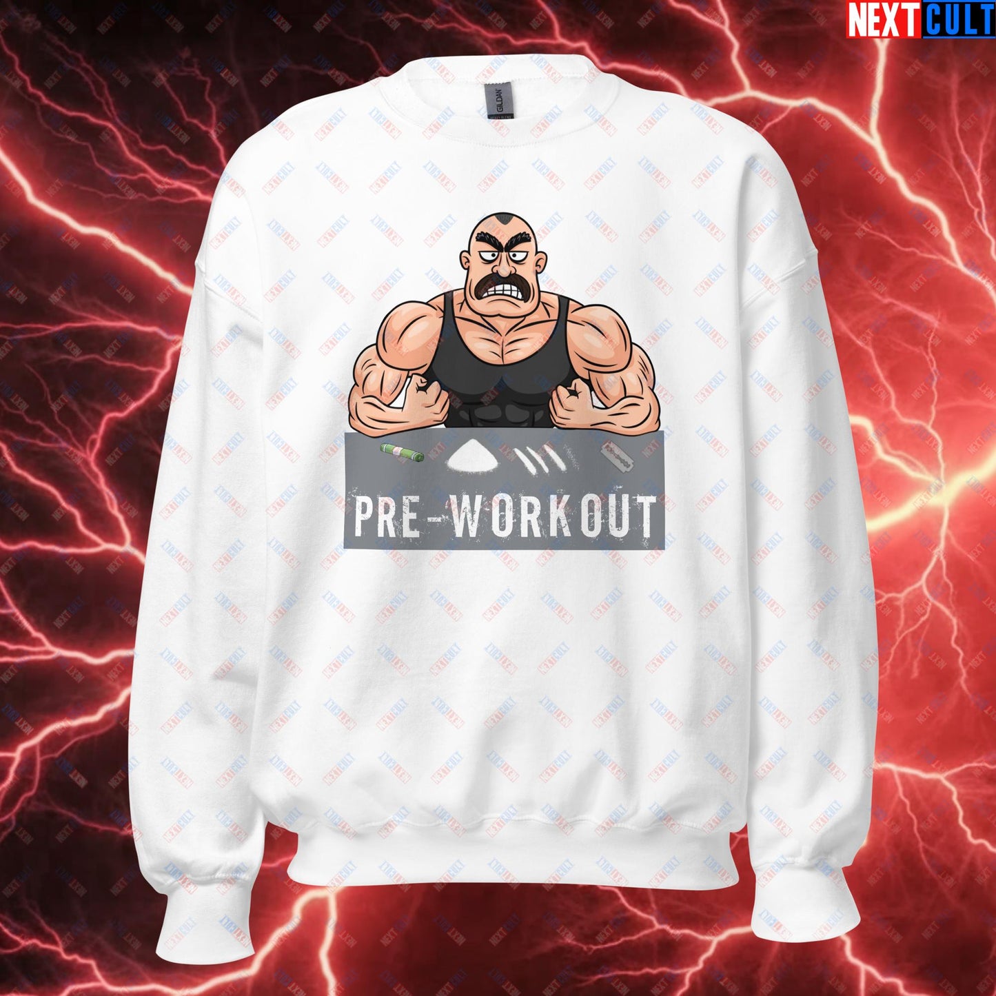 I Love Pre-workout Gym Bro Fitness Bodybuilding Workout Weightlifting Powerlifting Funny Meme Cartoon Unisex Sweatshirt White Sweatshirts Fitness Gym Workout Next Cult Brand