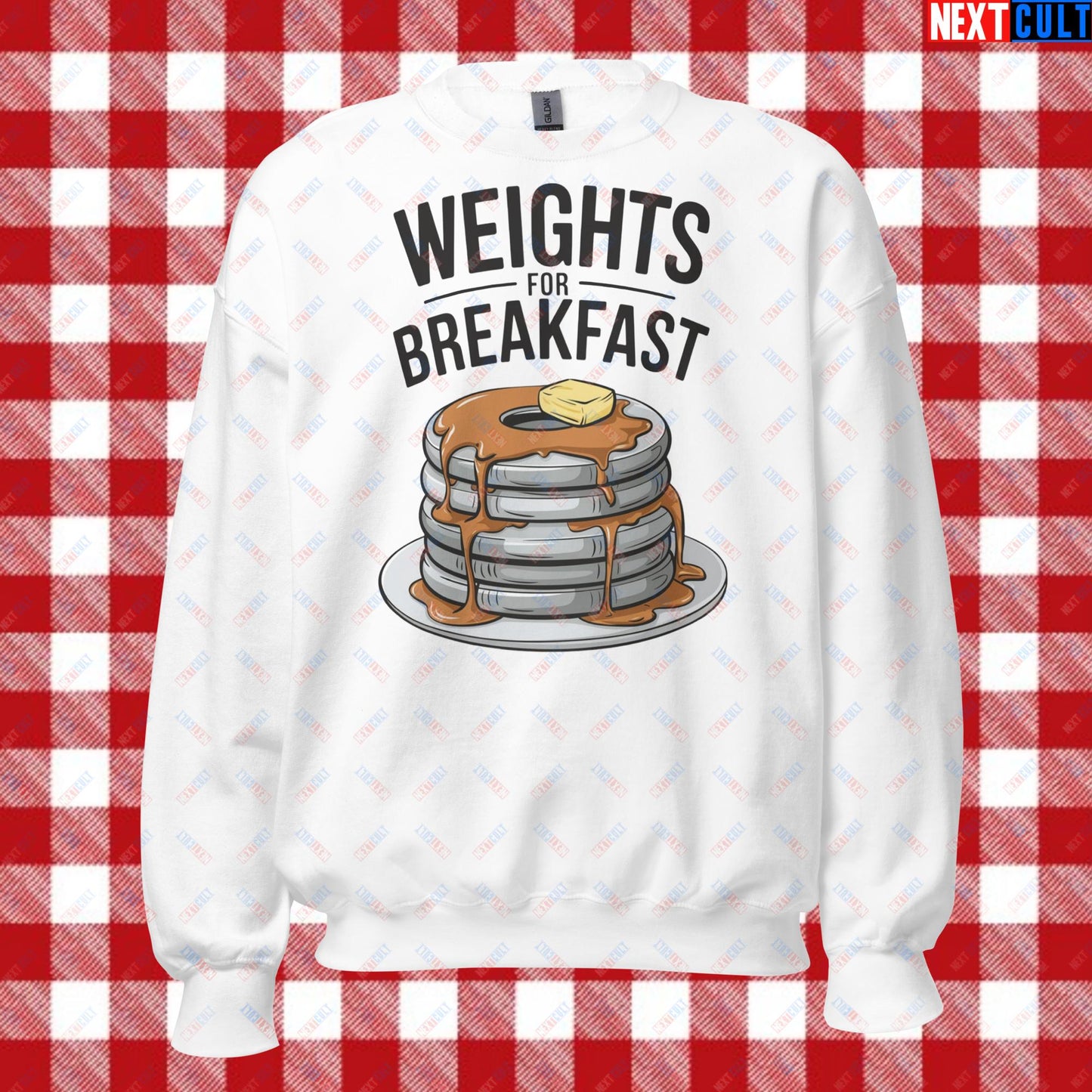 Weights For Breakfast Pancake Weights Funny Gym Workout Fitness Lifting Meme Cartoon Unisex Sweatshirt White Sweatshirts Bodybuilding Bulking Fitness Gym Workout Next Cult Brand