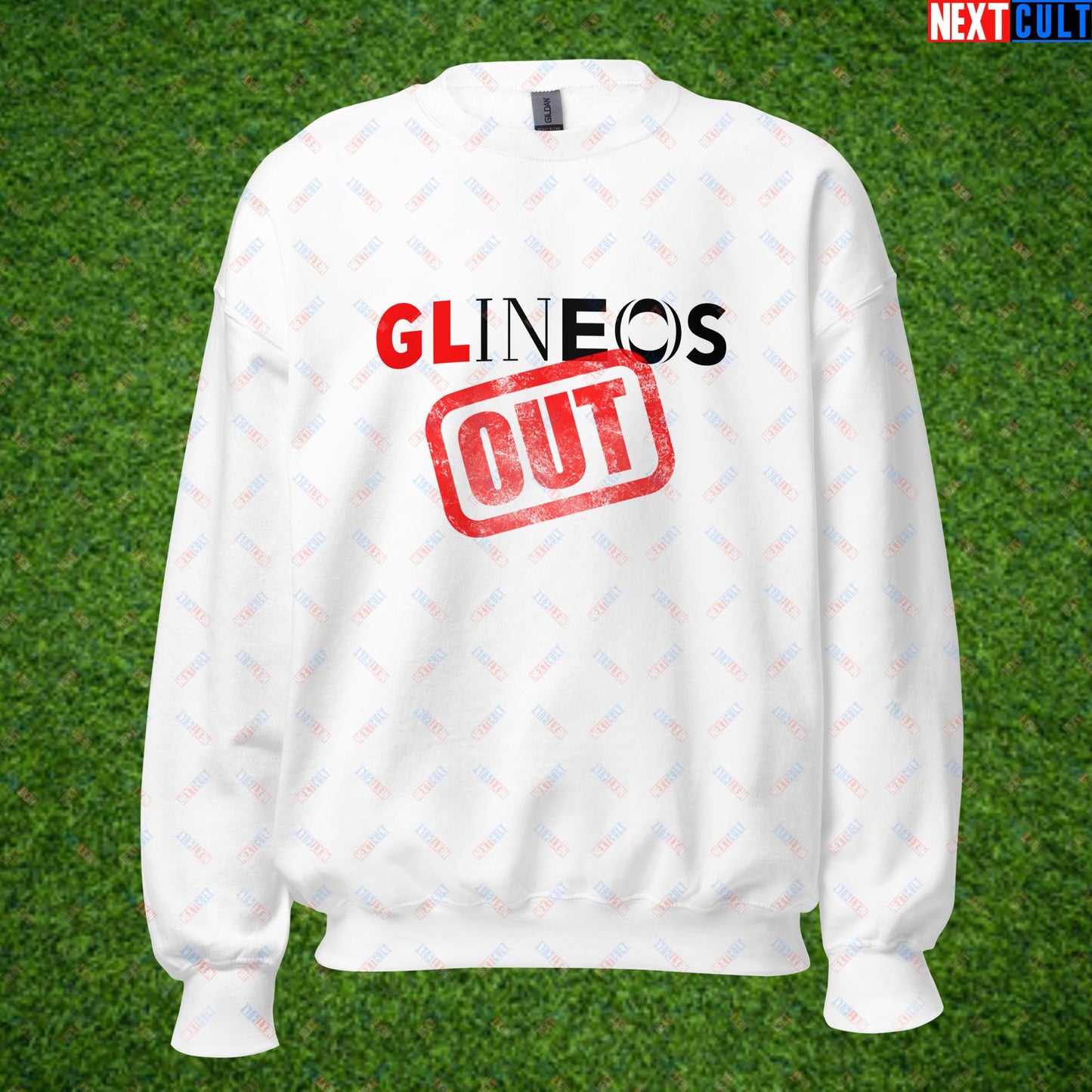 GLINEOS OUT Manchester United Fans Protest Against Glazers, Ineos and Ratcliffe Unisex Sweatshirt White Sweatshirts Football GlazersOut Manchester United RatcliffeOut Next Cult Brand