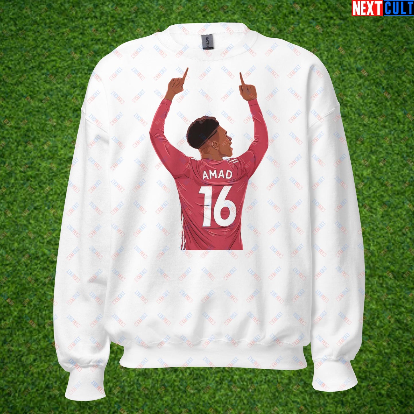 Amad Diallo Goal Celebration AMADNESS Manchester United Funny Meme Cartoon Unisex Sweatshirt White Sweatshirts Amad Diallo Football Manchester United Next Cult Brand