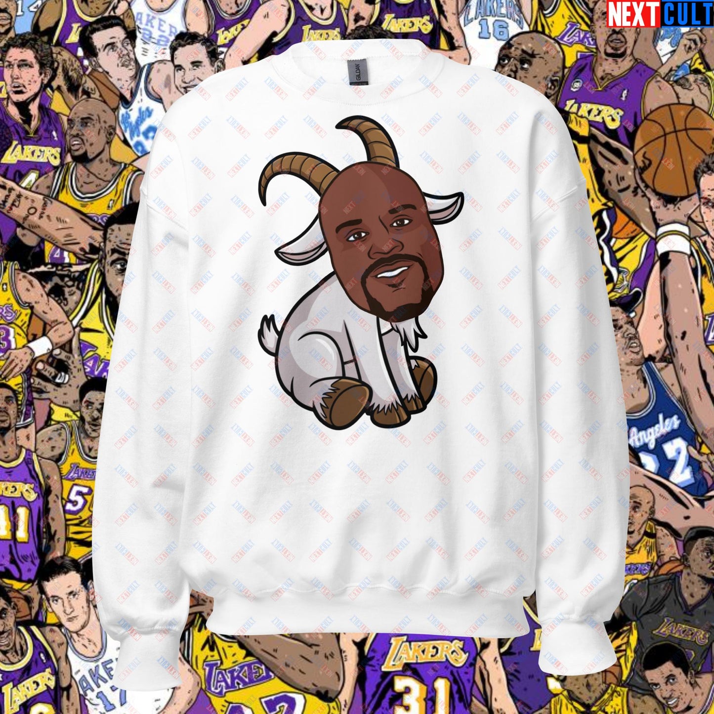 Shaquille O’Neal GOAT Sweatshirt - Shaq Basketball Meme Jumper - Greatest of All Time NBA Funny Cartoon Pullover for Basketball Fans - Perfect Gift for Shaq Lovers Unisex Sweatshirt White Sweatshirts Basketball G.O.A.T. Los Angeles Lakers NBA Orlando Magic Shaq Next Cult Brand