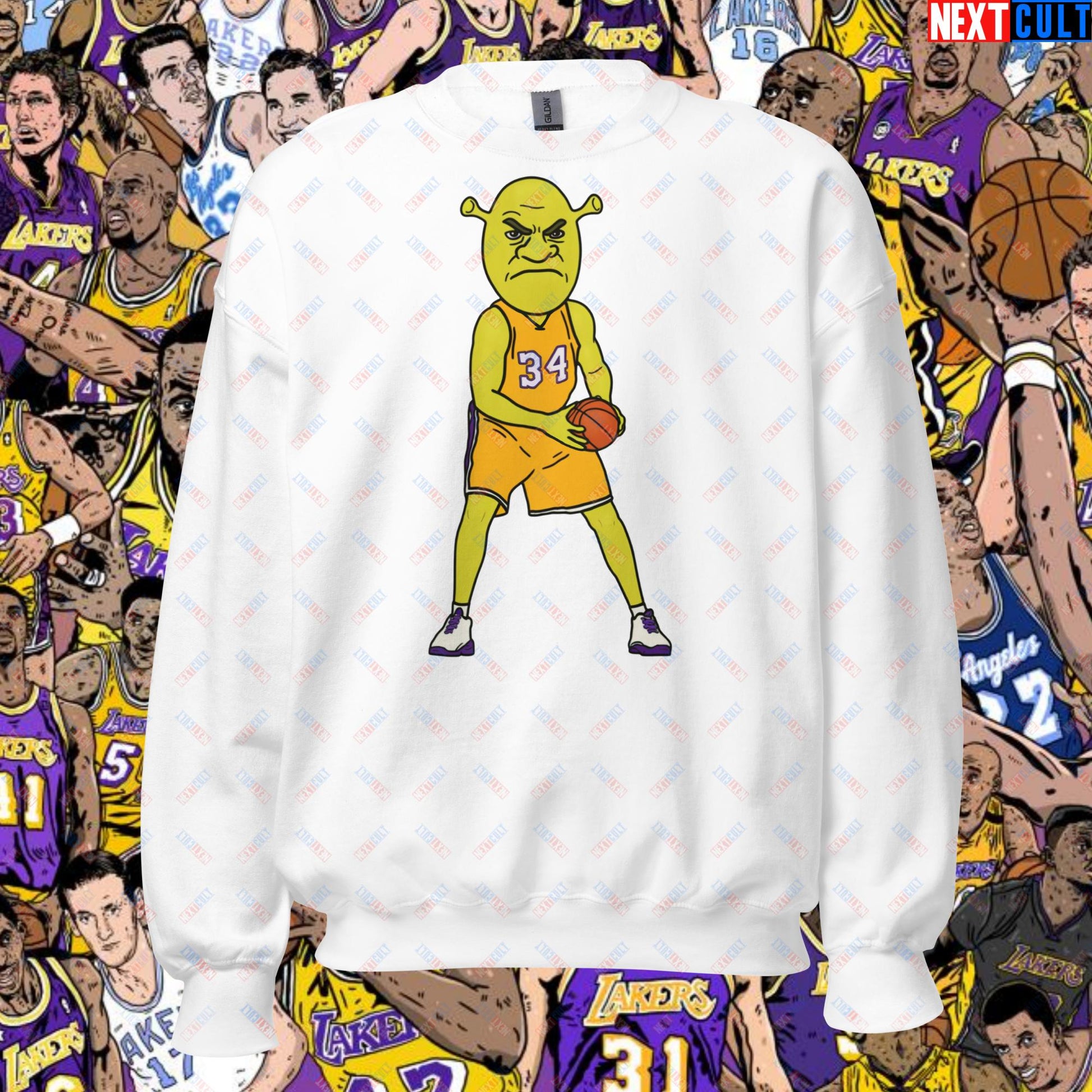 Shrequille O'Neal Sweatshirt - Shaquille O'Neal as Shrek Funny Basketball Meme Pullover - Perfect Gift for Basketball Fans and Shrek Lovers Unisex Sweatshirt White Sweatshirts Basketball Los Angeles Lakers NBA Shaq Shrek Next Cult Brand