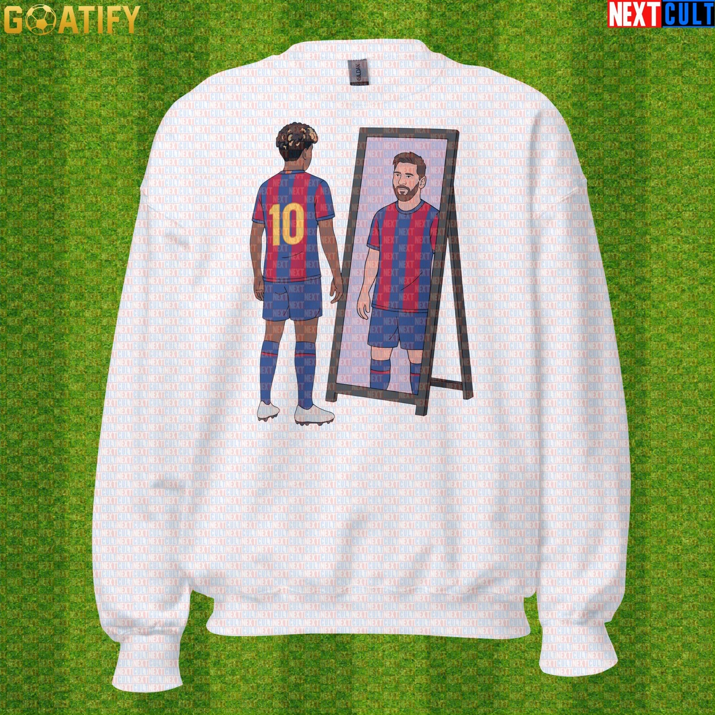 Lamine Yamal Sweatshirt – Next Messi Mirror Meme Crewneck for Spain Soccer Supporters White Next Cult Brand