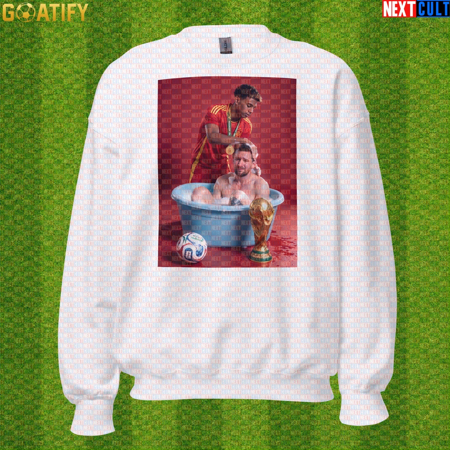 Lamine Yamal Sweatshirt – Reversed Messi Bath Meme Crewneck for Spain Football Fans |  | ["Argentina", "Barcelona", "Football", "Lamine Yamal", "Lionel Messi", "Soccer", "Spain"]