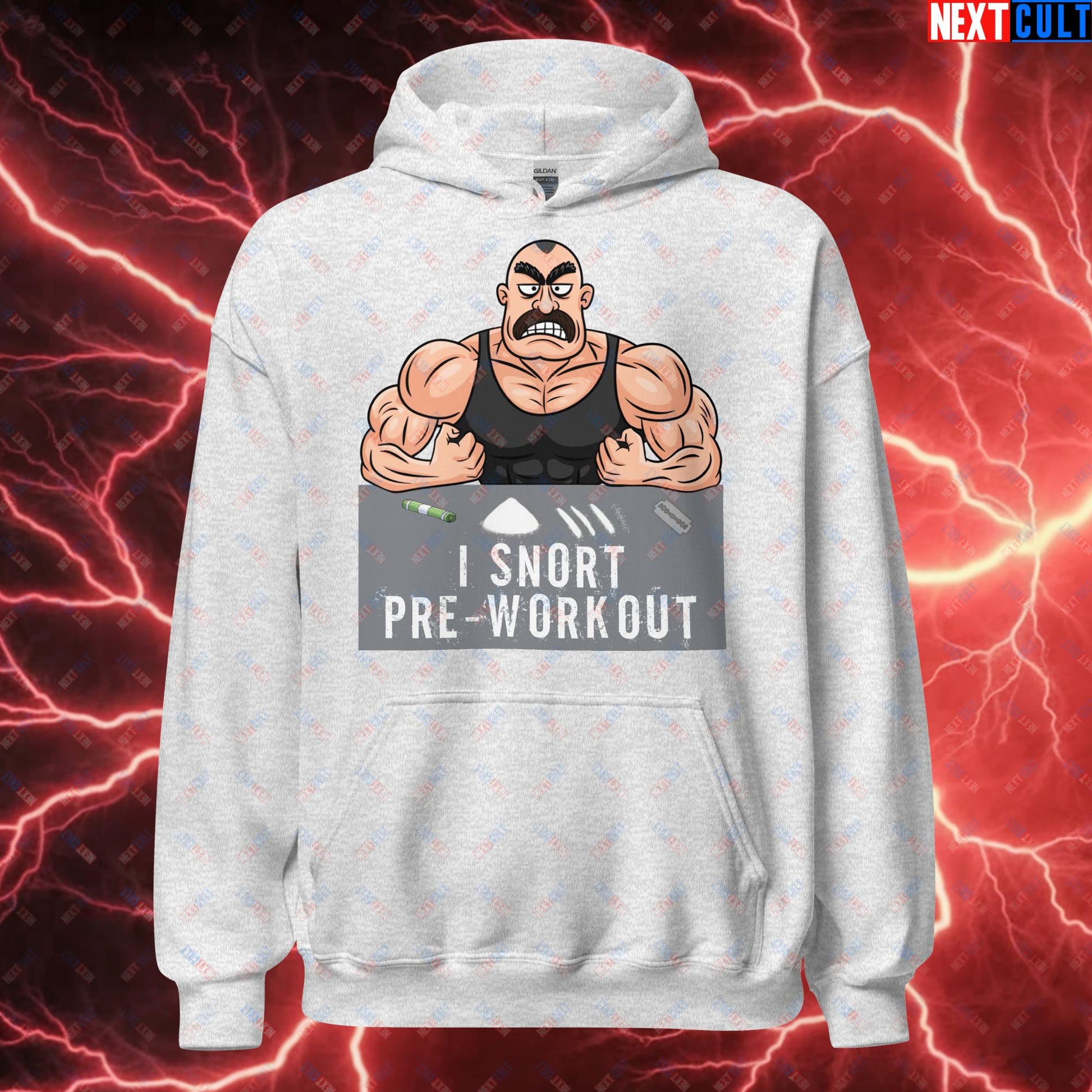 I Snort Pre-workout Gym Bro Fitness Bodybuilding Workout Weightlifting Powerlifting Funny Meme Cartoon Unisex Hoodie Ash Hoodies Fitness Gym Workout Next Cult Brand