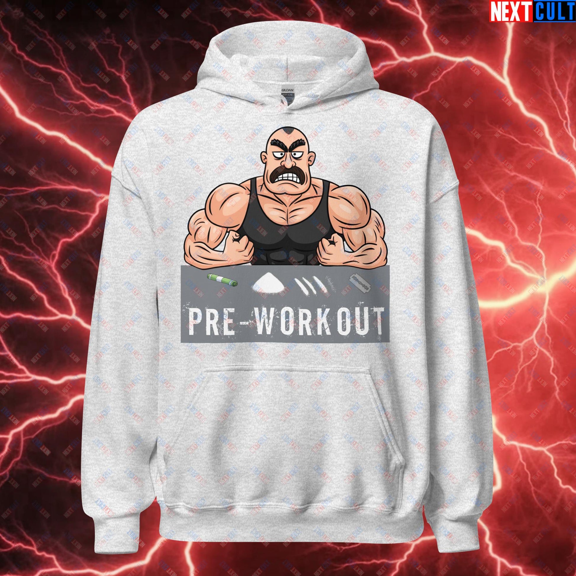 I Love Pre-workout Gym Bro Fitness Bodybuilding Workout Weightlifting Powerlifting Funny Meme Cartoon Unisex Hoodie Ash Hoodies Fitness Gym Workout Next Cult Brand