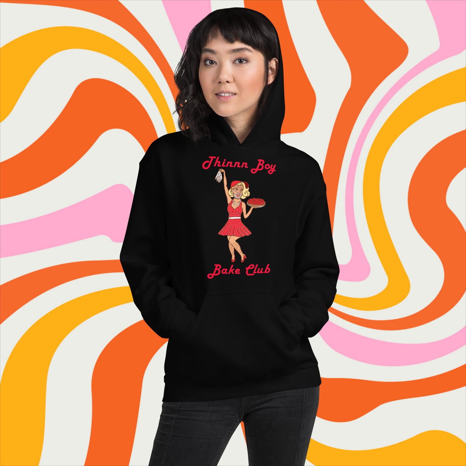 Thinnn Boy Bake Club The Fighter and The Kid TFATK Podcast Comedy 60s retro housewife Bryan Callen Unisex Hoodie Black Hoodies Bryan Callen Podcasts Stand-up Comedy The Fighter and The Kid (TFATK) Thinnn Boy Bake Club Next Cult Brand