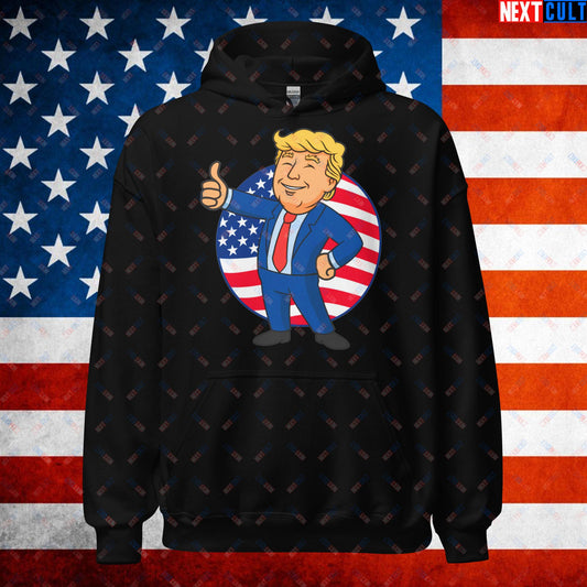 President Boy Donald Trump Politics Vault Boy Fallout Funny Meme Cartoon Mashup Unisex Hoodie Black Hoodies Donald Trump Fallout Politics Republicans Vault Boy Next Cult Brand