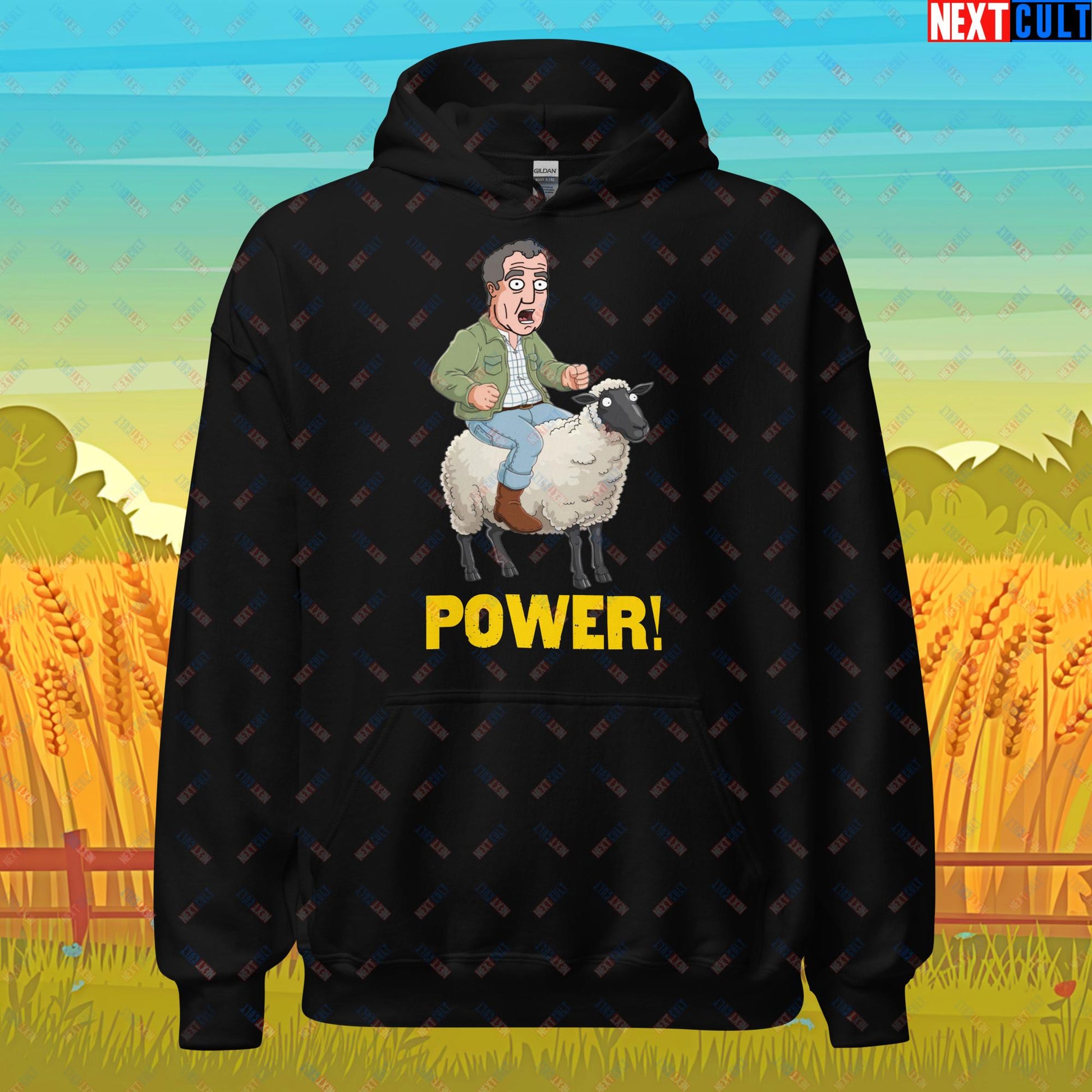 Power Sheep Jeremy Clarkson's Farm Diddly Squat Grand Tour Top Gear Funny Meme Cartoon Unisex Hoodie Black Hoodies Clarkson's Farm Grand Tour Jeremy Clarkson Top Gear TV Shows Next Cult Brand