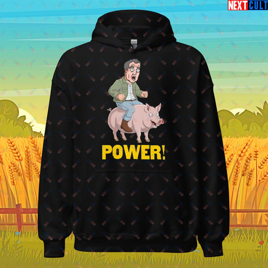 Power Pig Farming Jeremy Clarkson's Farm Diddly Squat Grand Tour Top Gear Funny Meme Cartoon Unisex Hoodie Black Hoodies Clarkson's Farm Grand Tour Jeremy Clarkson Top Gear TV Shows Next Cult Brand