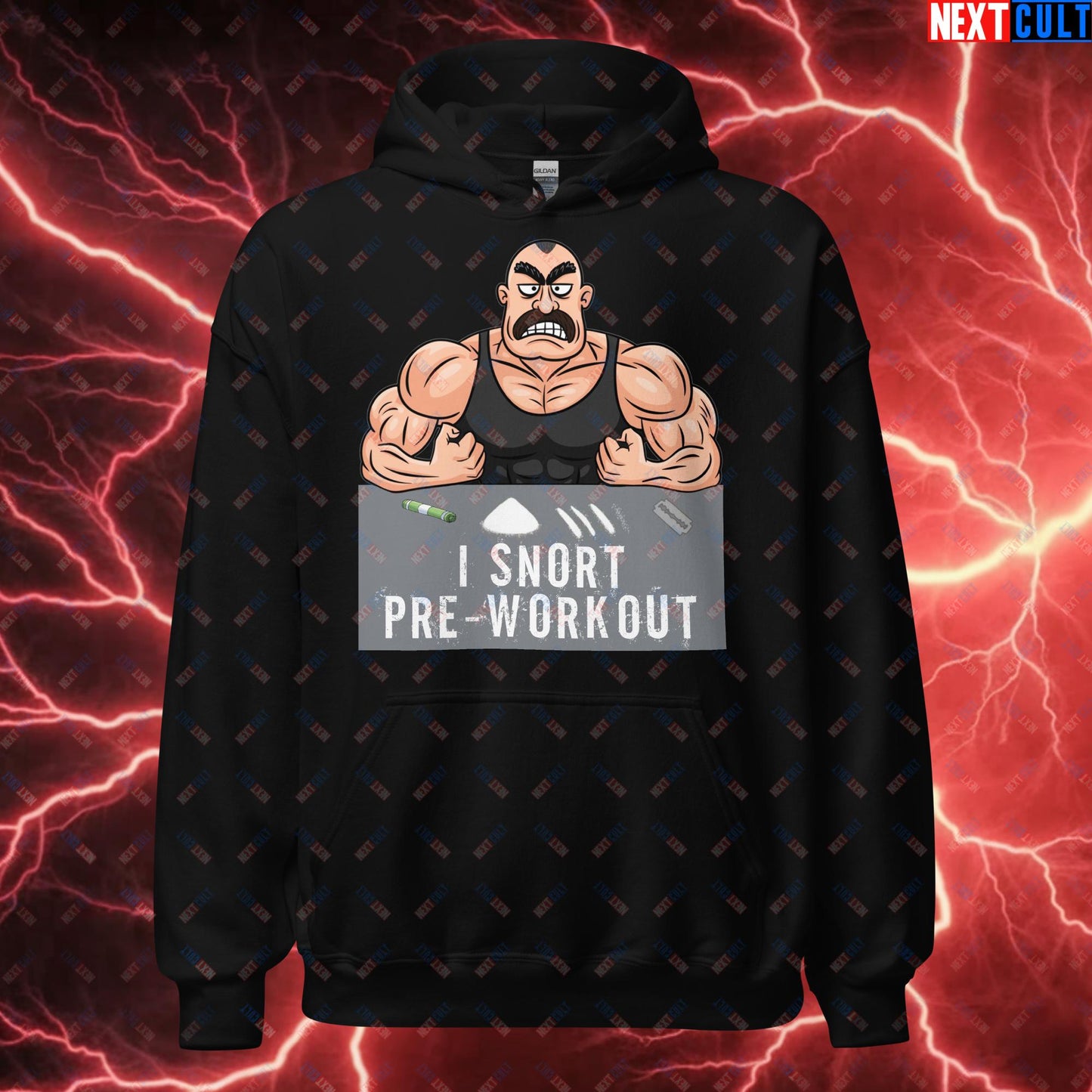 I Snort Pre-workout Gym Bro Fitness Bodybuilding Workout Weightlifting Powerlifting Funny Meme Cartoon Unisex Hoodie Black Hoodies Fitness Gym Workout Next Cult Brand