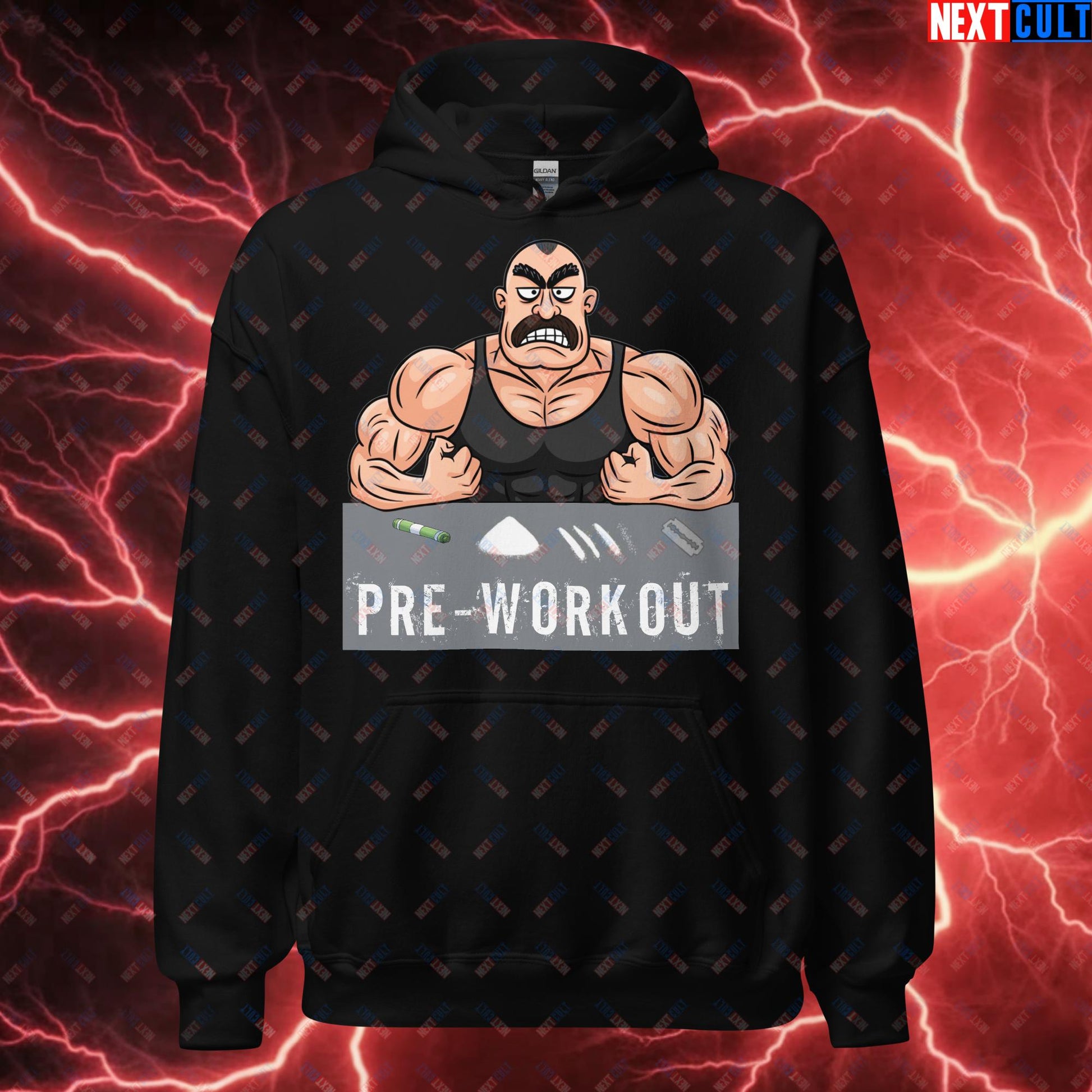 I Love Pre-workout Gym Bro Fitness Bodybuilding Workout Weightlifting Powerlifting Funny Meme Cartoon Unisex Hoodie Black Hoodies Fitness Gym Workout Next Cult Brand