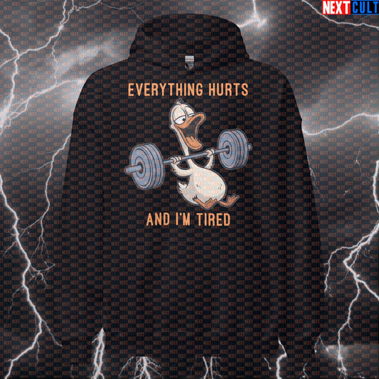 Everything Hurts And I'm Tired Funny Gym Hoodie | Duck Meme Workout Pullover for Fitness Lifting Humor Hoodies Bodybuilding Fitness Gym Pump Cover Workout Next Cult Brand