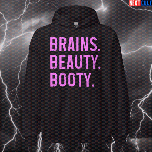 Brains Beauty Booty Gym Hoodie | Funny Workout Hoodie For Lifters Focused on Glute Gains & Fitness Memes Bodybuilding Fitness Gym Leg Day Pump Cover Workout Next Cult Brand