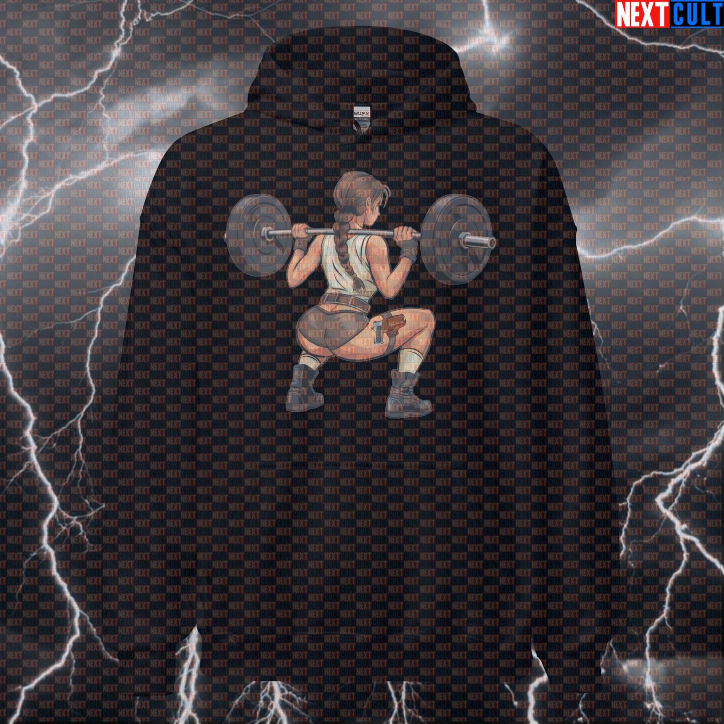 Adventure Girl Gym Hoodie | Funny Booty Builder Workout Hoodie | Leg Day Meme Hooded Sweatshirt Bodybuilding Films Fitness Gym Lara Croft Leg Day Powerlifting Pump Cover Video Games Workout Next Cult Brand