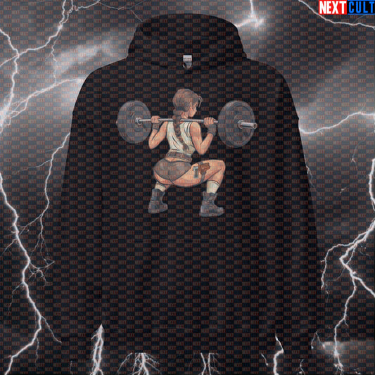 Adventure Girl Gym Hoodie | Funny Booty Builder Workout Hoodie | Leg Day Meme Hooded Sweatshirt Bodybuilding Films Fitness Gym Lara Croft Leg Day Powerlifting Pump Cover Video Games Workout Next Cult Brand