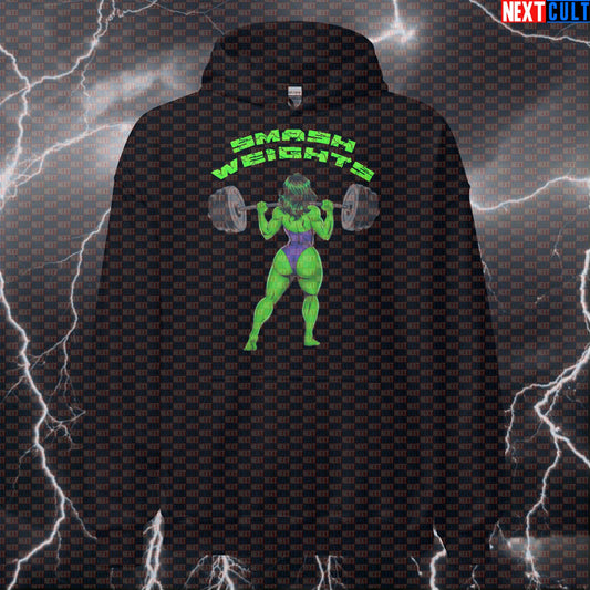 Smash Weights Gym Hoodie | She-Hulk Workout Hoodie For Gym Girls & Lifters | Funny Fitness Meme Pullover Hoodies Avengers Bodybuilding Films Fitness Gym Hulk Leg Day Powerlifting Pump Cover Superheroes Workout Next Cult Brand