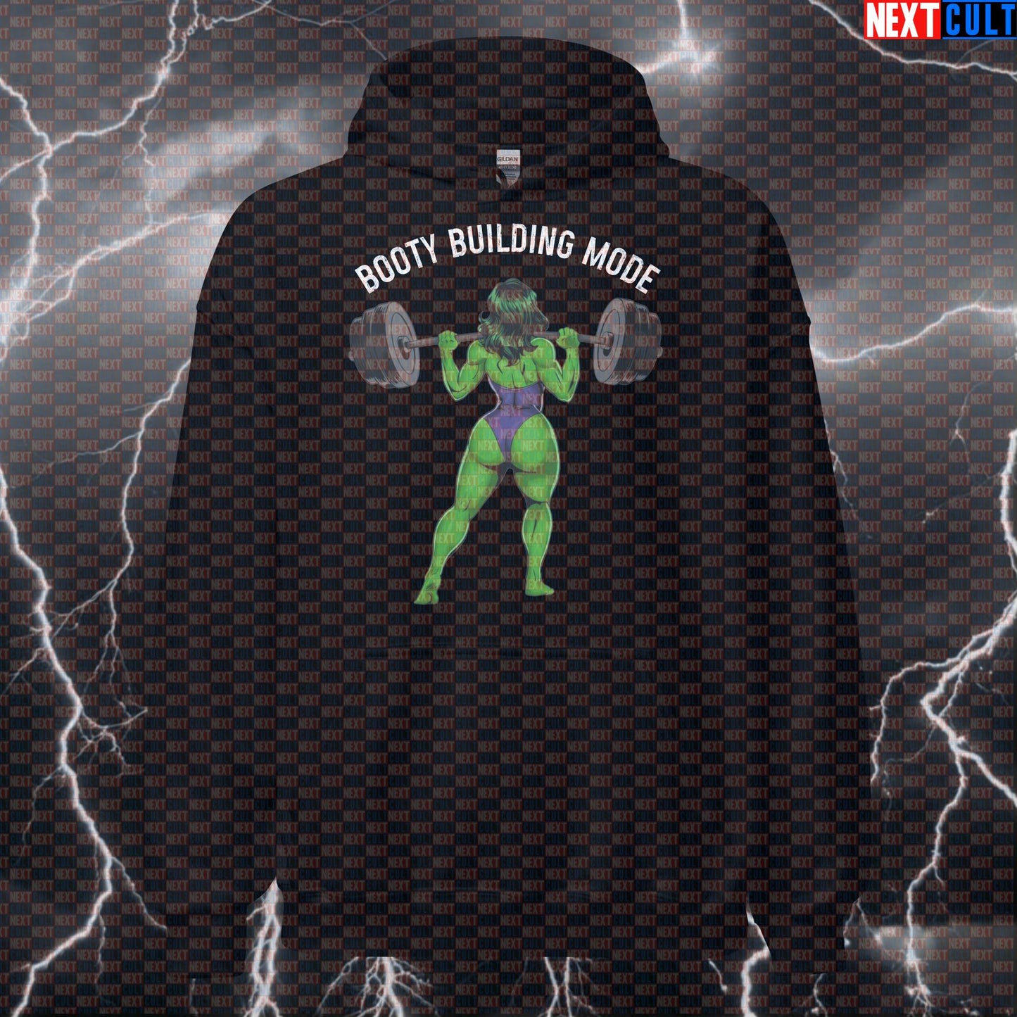 Booty Building Mode Gym Hoodie | Funny Workout Hoodie For Leg Day & Squats | She-Hulk Fitness Pullover Avengers Bodybuilding Films Fitness Gym Hulk Leg Day Powerlifting Pump Cover Superheroes Workout Next Cult Brand